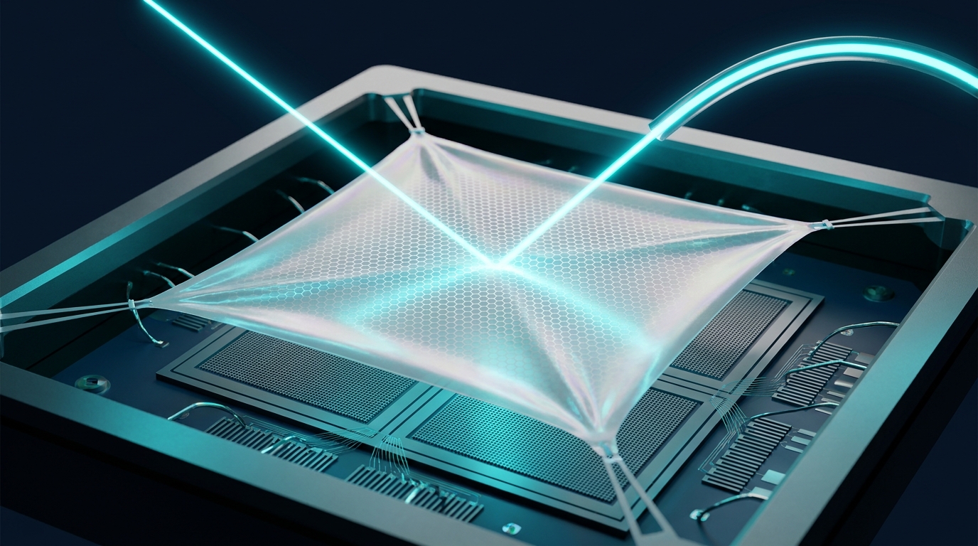 Silicon nitride sail membrane optomechanical accelerometer with optical readout, showing the trampoline-like geometry discovered via Bayesian optimization.