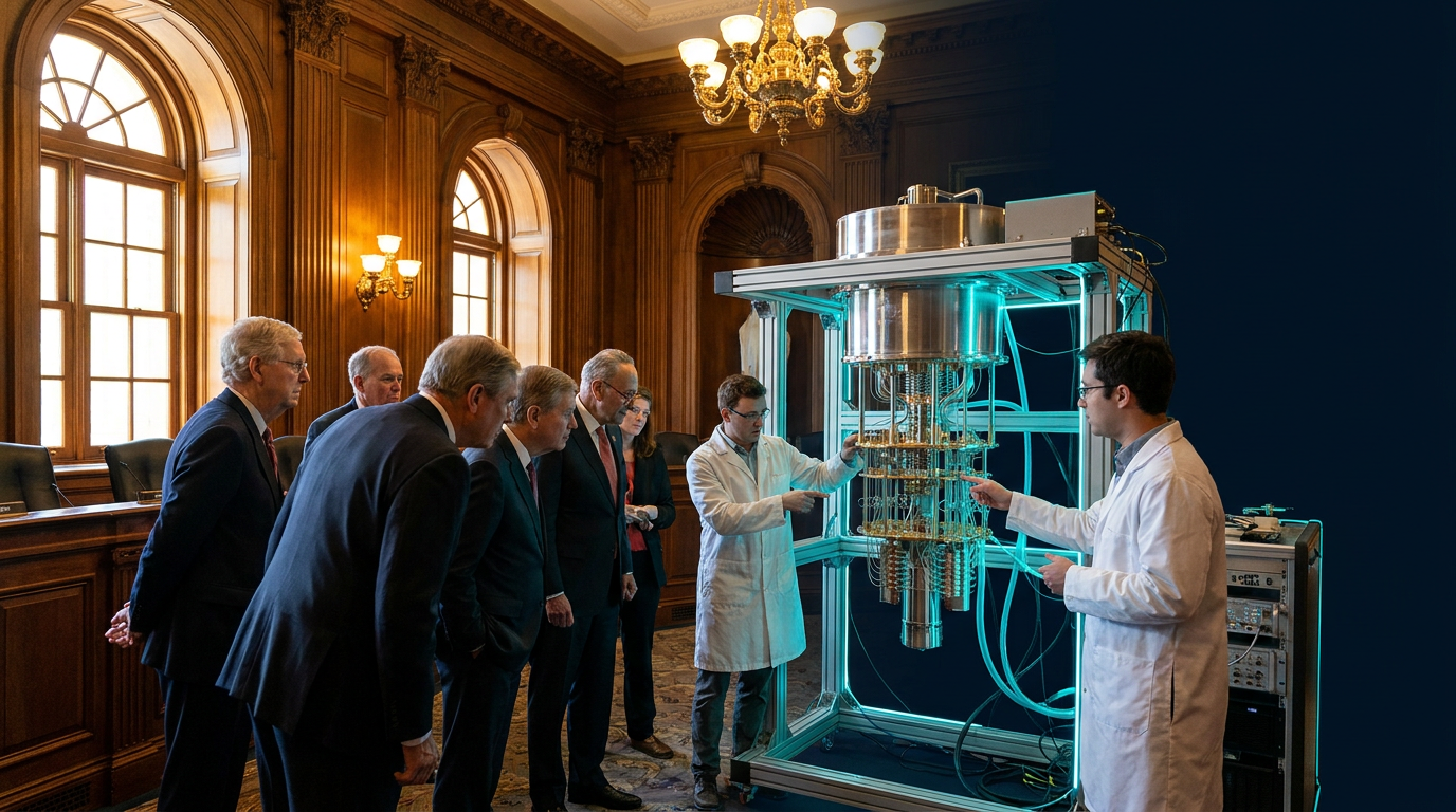 Capitol Hill rotunda with quantum hardware demonstrations and engineers briefing Congressional staff at the 2026 QED-C Quantum Technology Showcase.