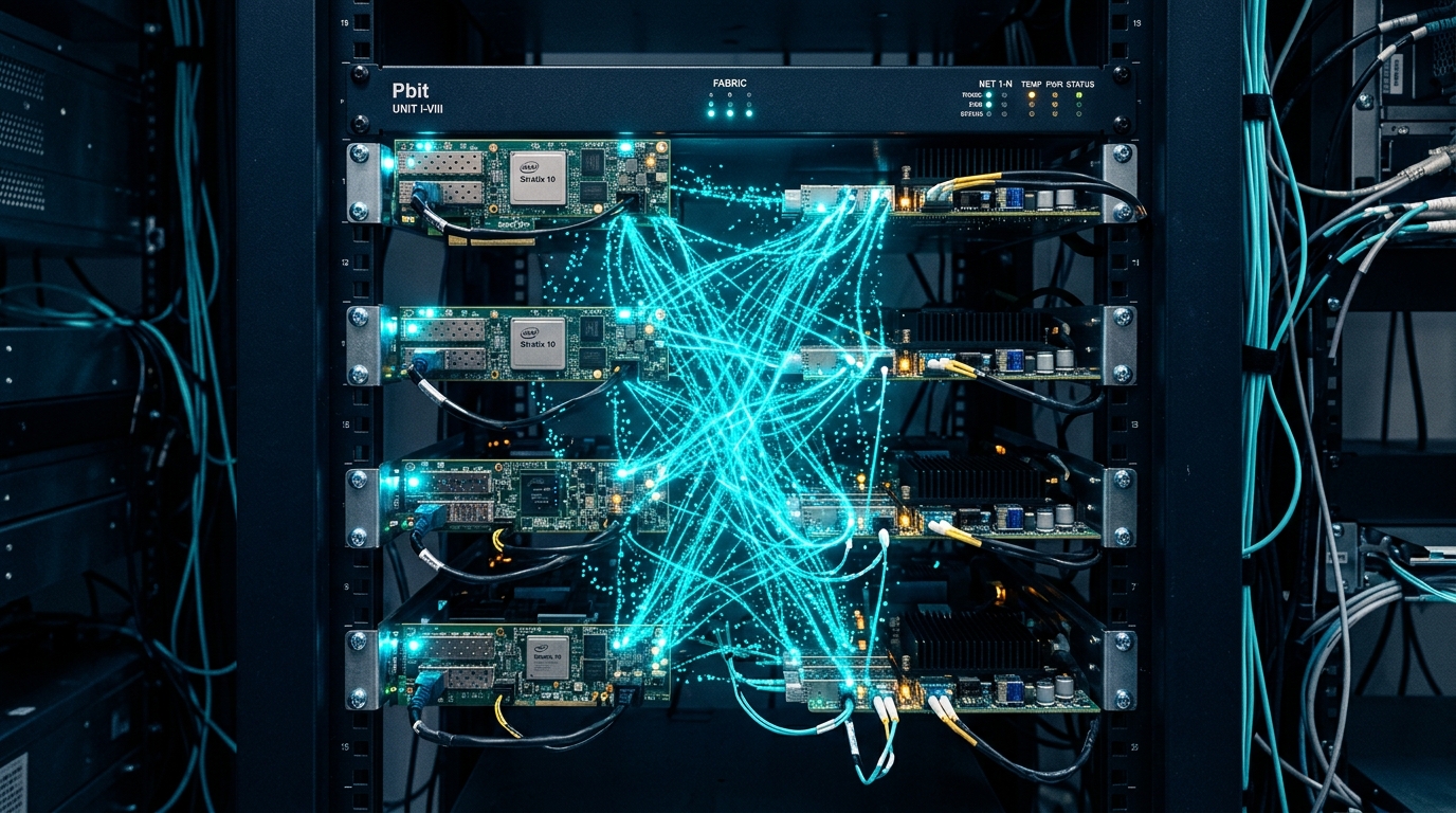 Rack-mounted FPGA boards forming a 1-million-p-bit probabilistic computer with visible interconnect fabric and status LEDs in a data center environment.