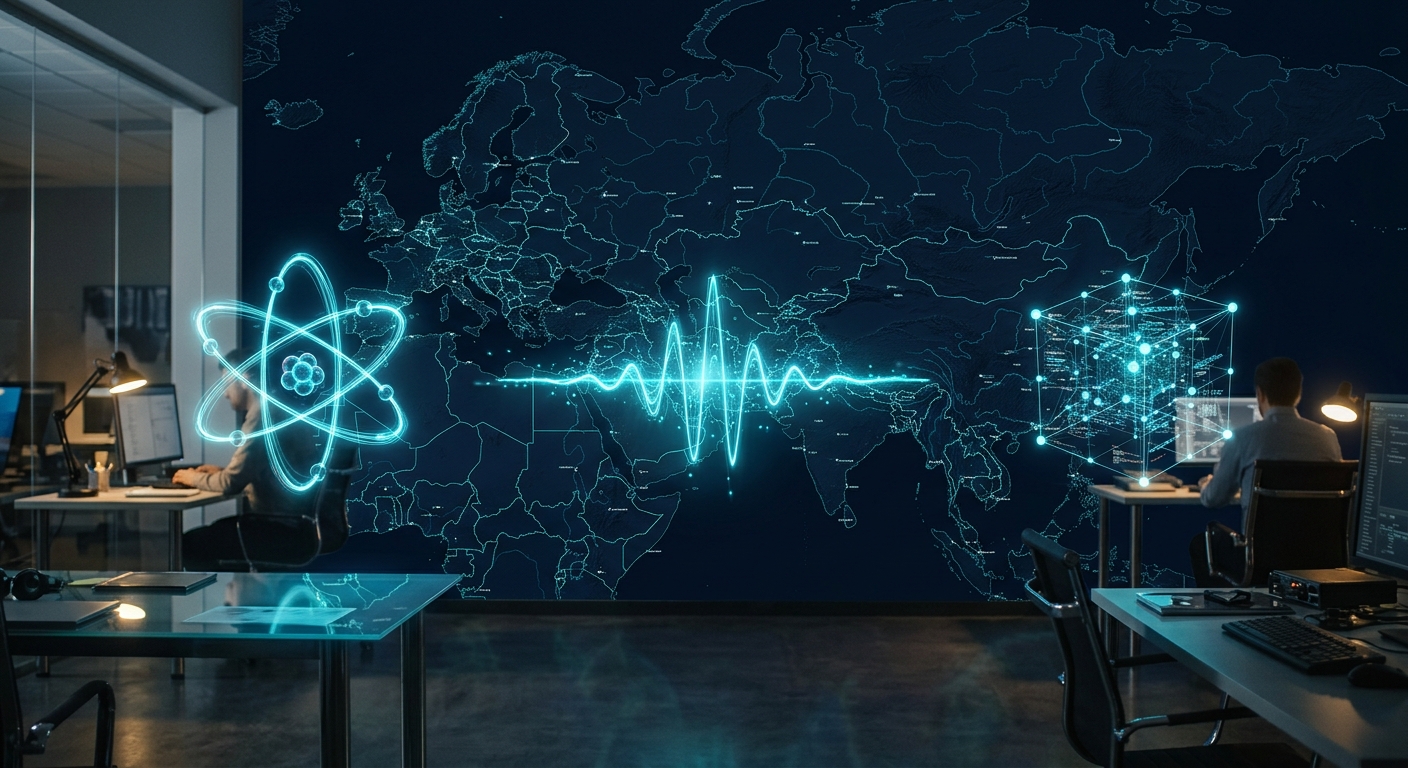 Illustration of quantum computing executive hires: a neutral atom, photon, and software icon over a map of EMEA and APAC regions, symbolizing Pasqal's new commercial leadership across continents.
