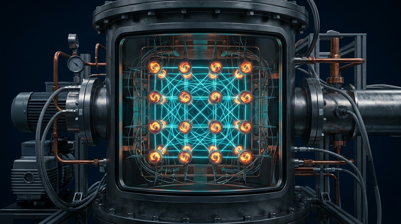 A technical illustration of quantum oscillators phase-locking inside a cryogenic chamber, representing quantum synchronization research.