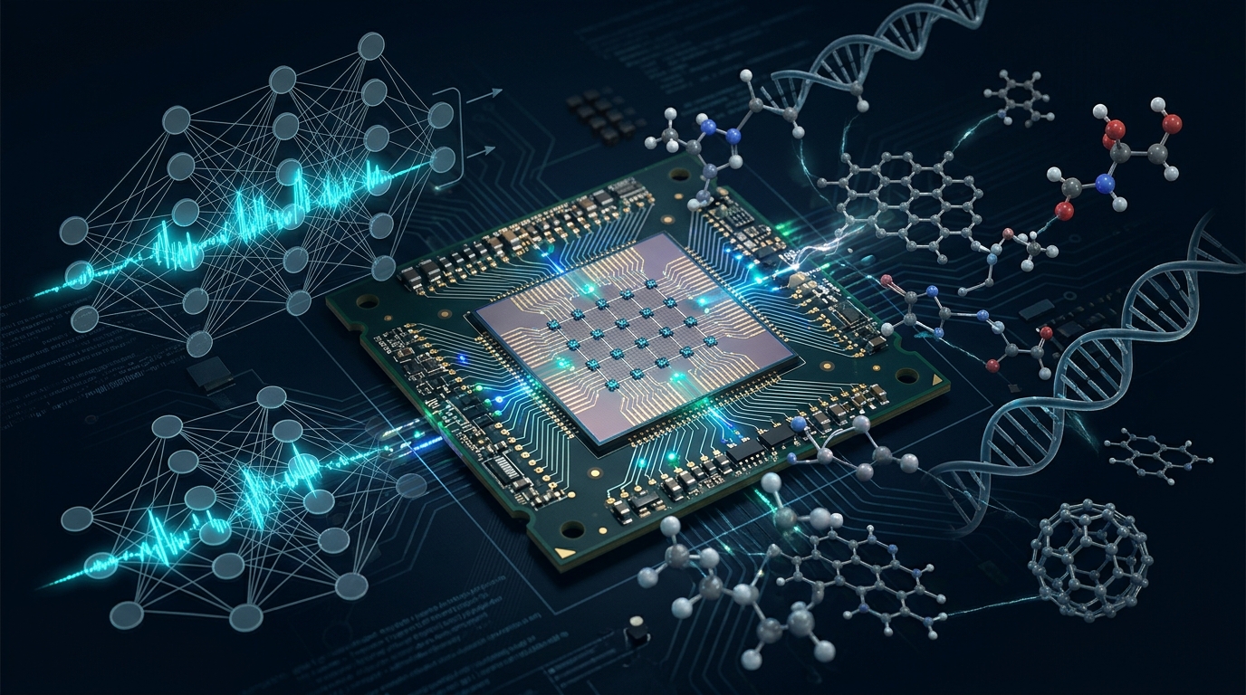 Quantum processor chip with neural network and molecular simulation overlays, illustrating the race between quantum error correction and machine learning for chemistry.
