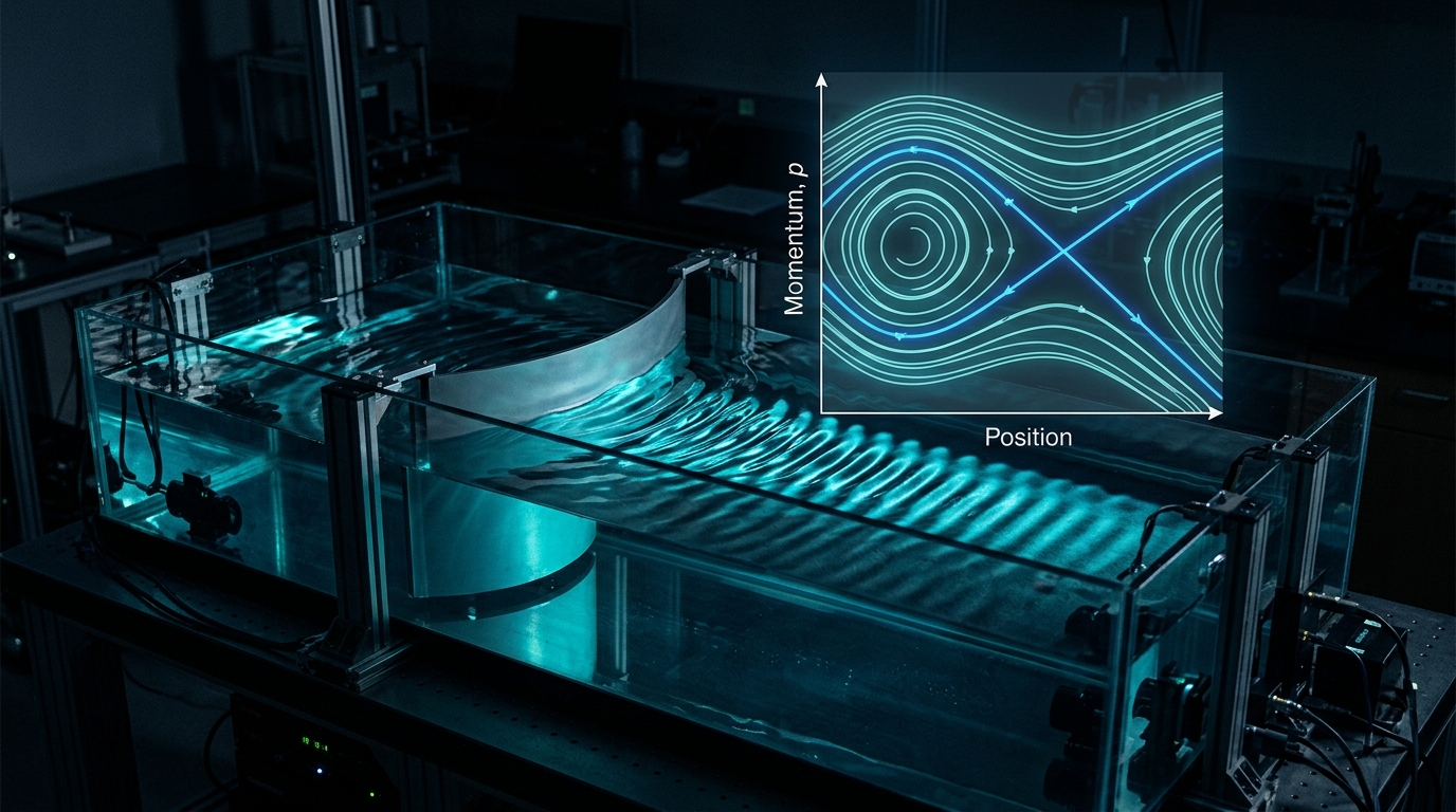 Water wave experiment with a parabolic barrier visualizes a phase space separatrix, analogous to quantum error correction thresholds.