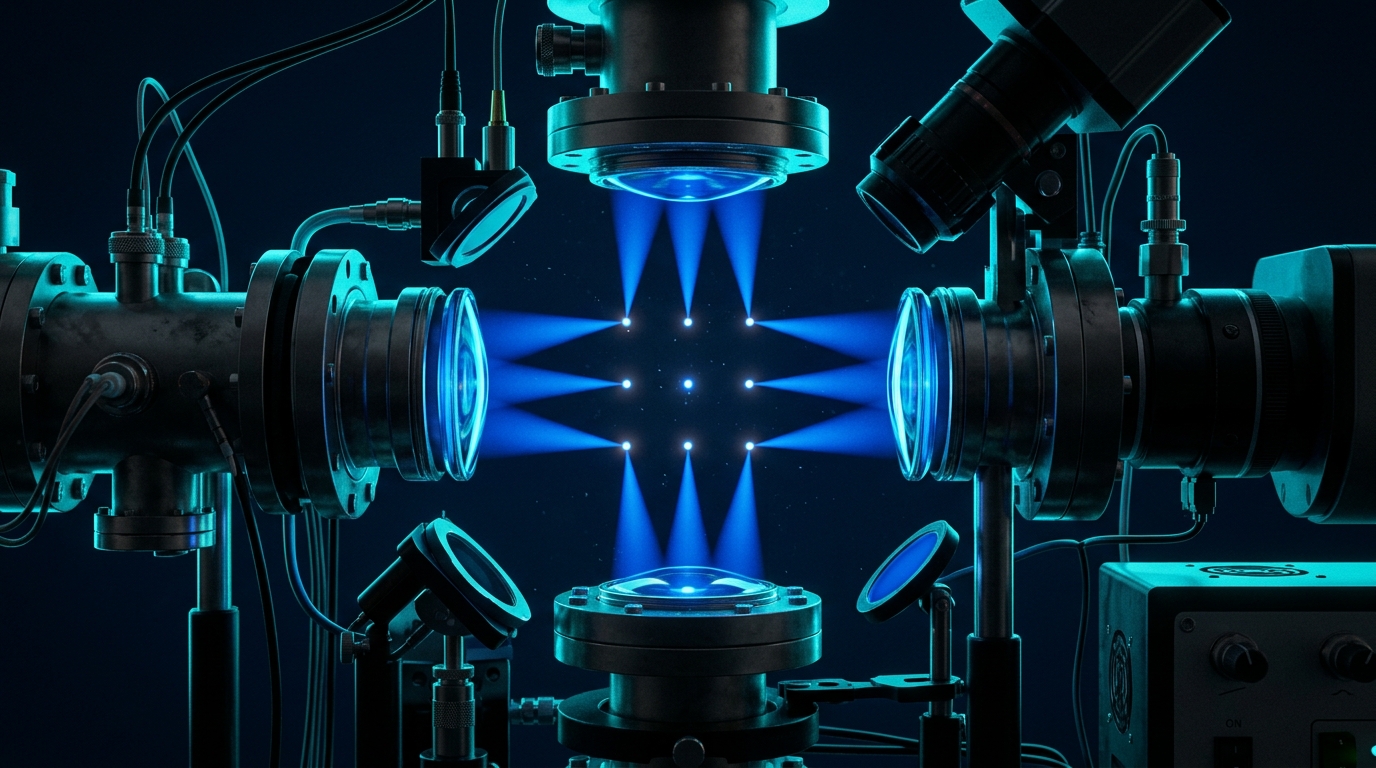 Ytterbium neutral atoms trapped in optical tweezers inside a quantum computing vacuum chamber, blue laser array visible.