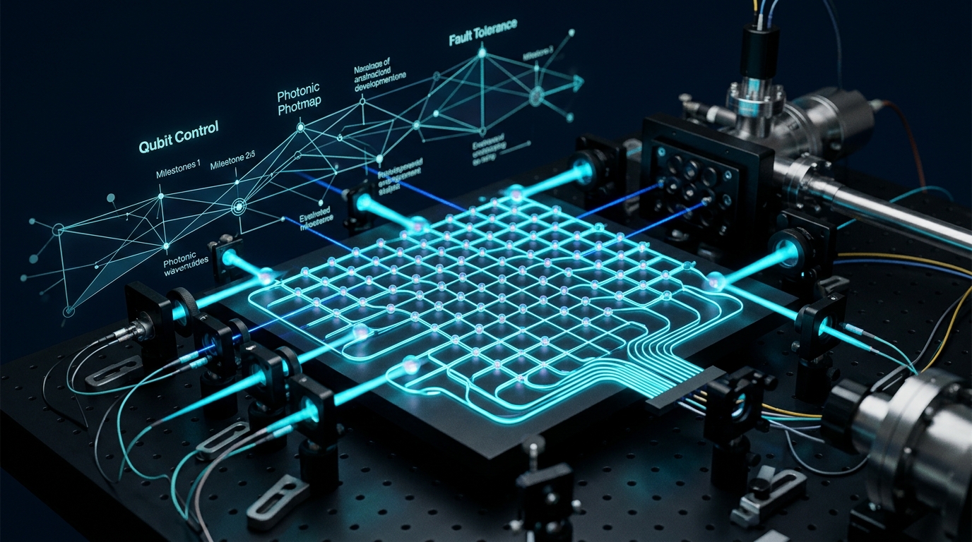 Neutral atom qubits suspended in optical tweezers connected by photonic links, overlaid with strategic roadmap.