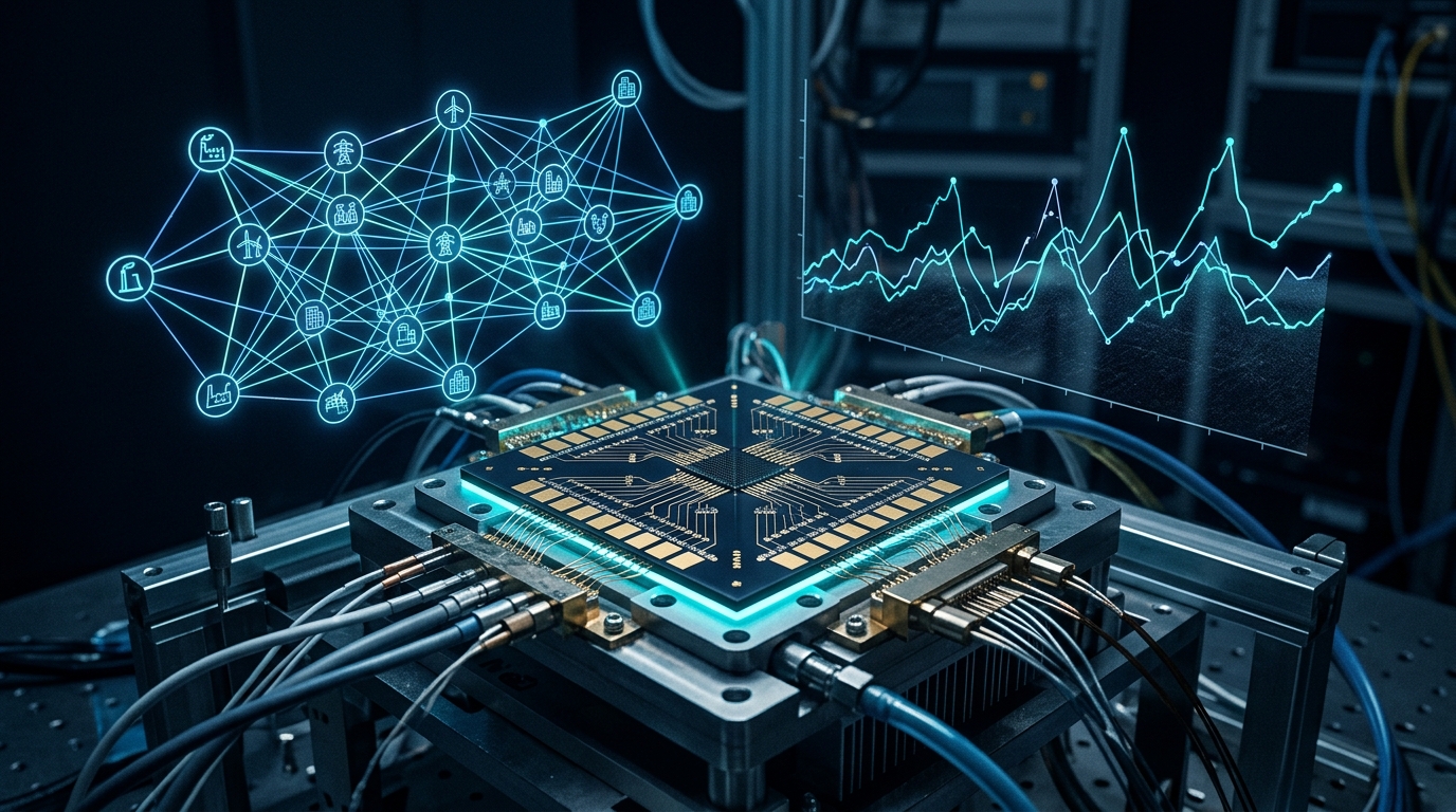 Quantum computer chip with smart grid electricity demand forecasting charts overlaid, representing hybrid quantum-classical machine learning.