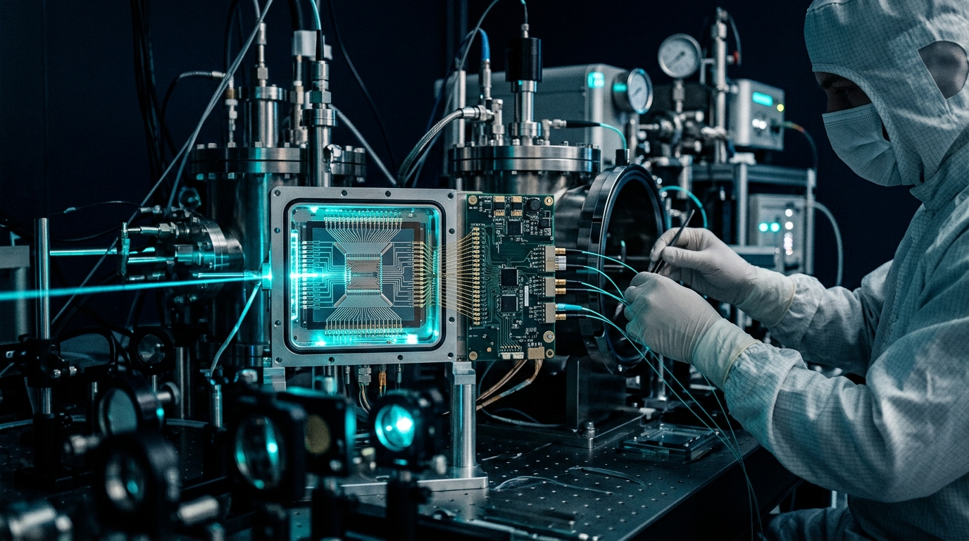 IonQ quantum computer integrated circuit with trapped ion trap and SkyWater semiconductor fab in background