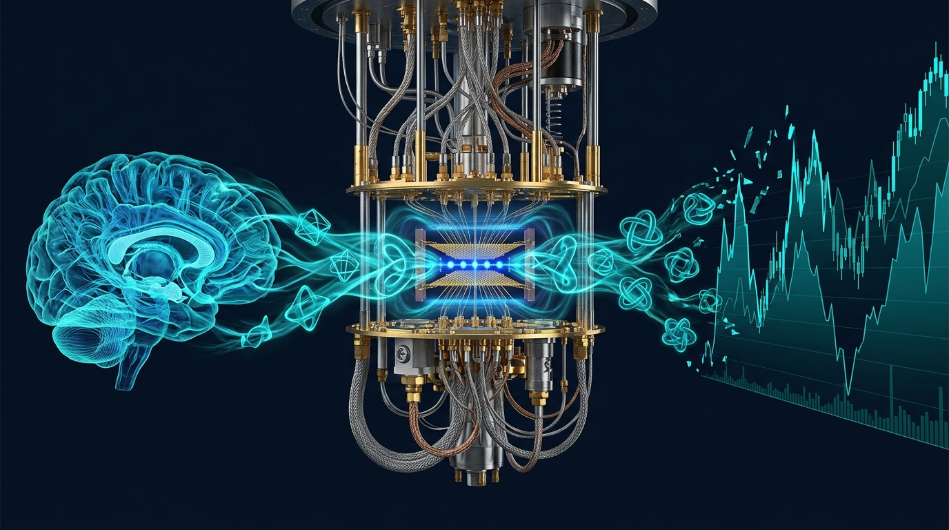 Quantum computer extracting topological features from brain scan and financial data, with trapped-ion qubits in a vacuum chamber.