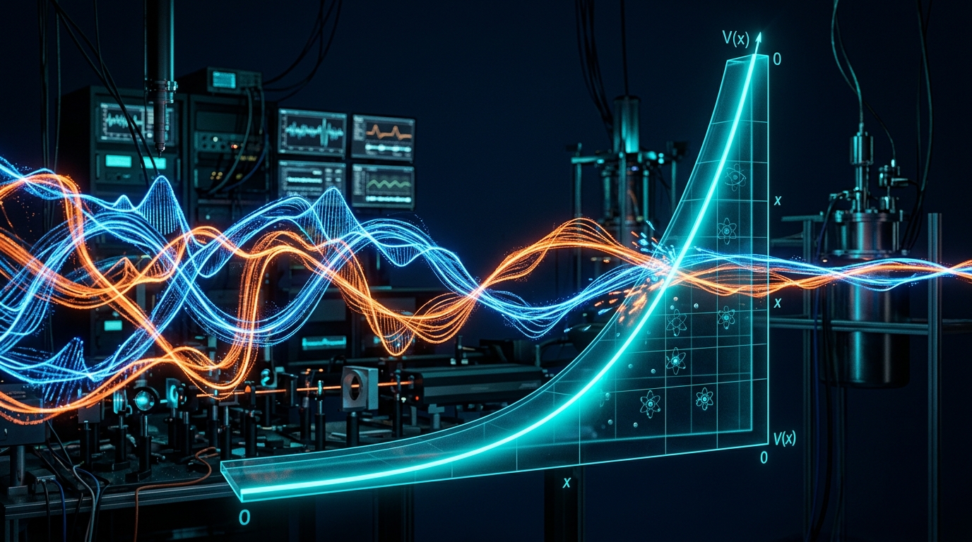 Artistic rendering of quantum entanglement irreversibility showing two entangled particles separated by an exponential cost barrier.