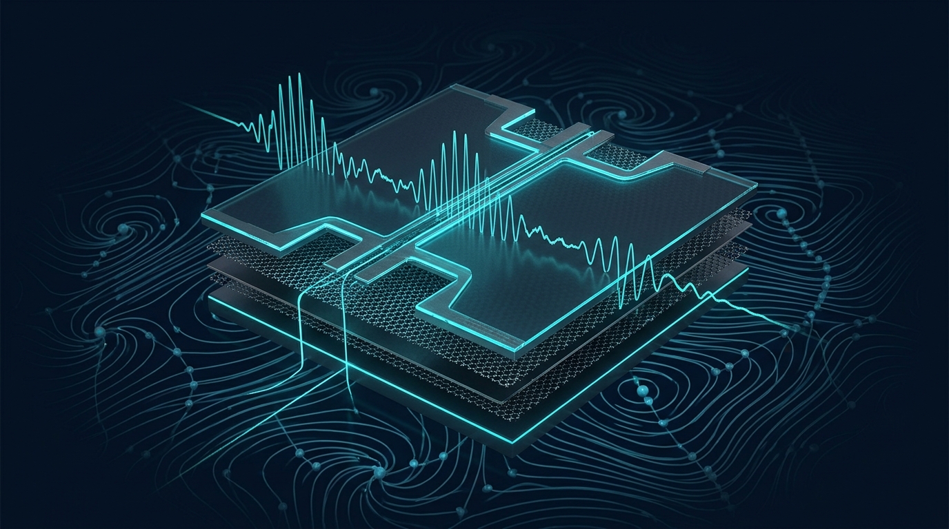Graphene device with magnetic oscillation waveform and chiral superconductor illustration