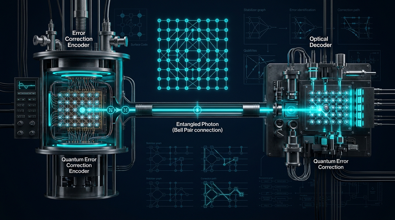Single Bell pair of entangled photons linking a quantum error correction encoder and decoder, overlaid on a qubit lattice and stabilizer graph.