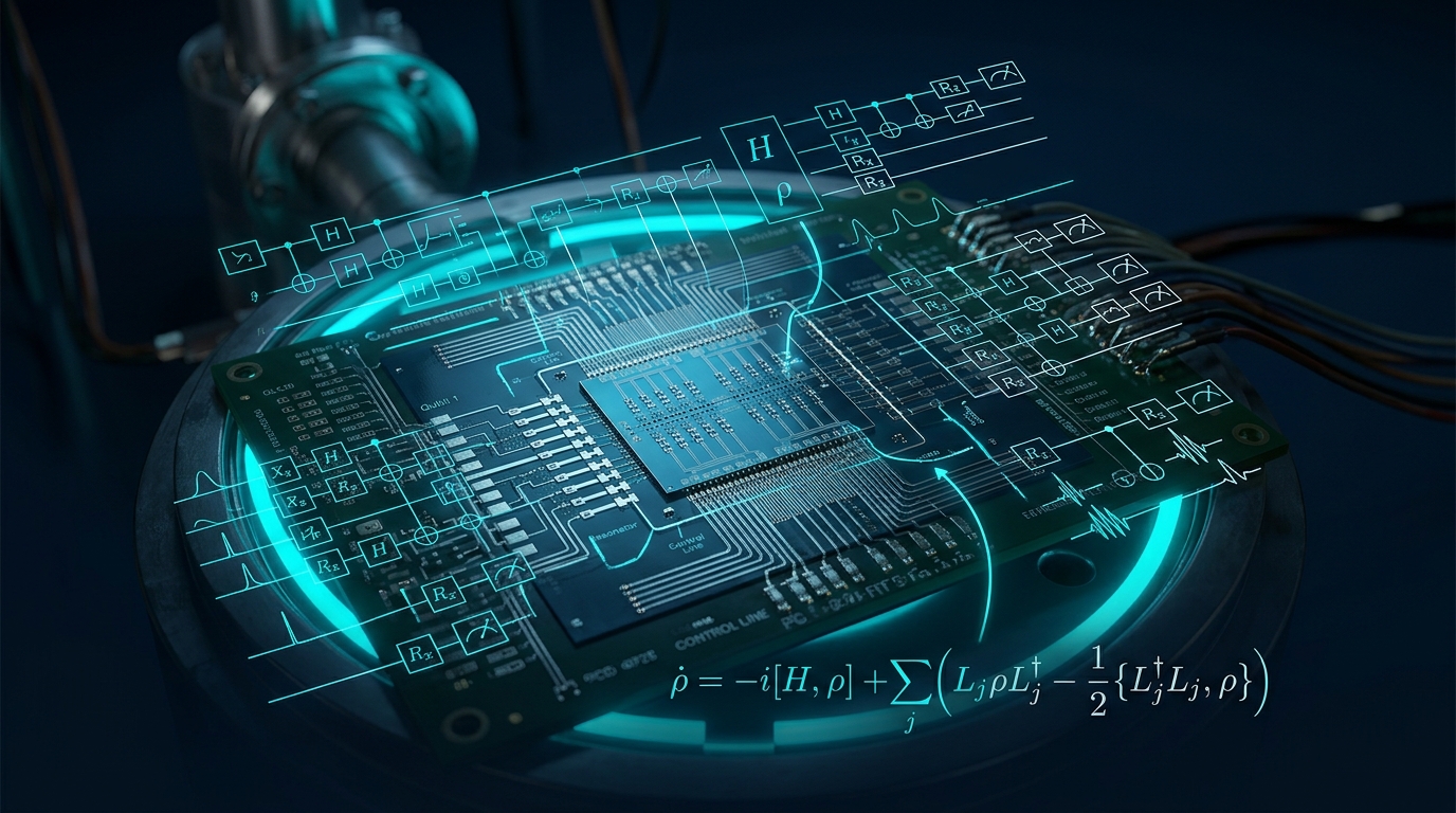 Superconducting quantum chip with overlaid mathematical diagrams illustrating open quantum system learning for verification.