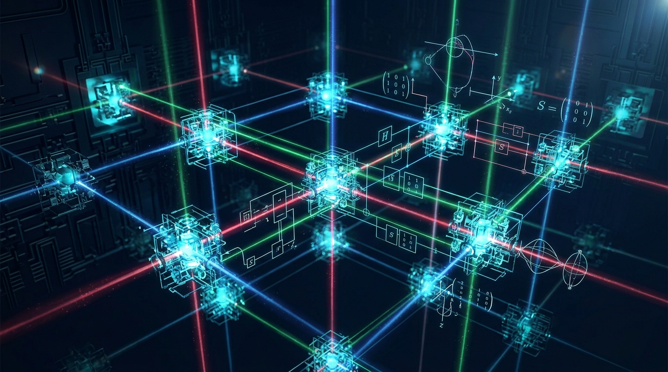 Artistic rendering of a surface-code logical qubit lattice with intersecting laser beams, symbolizing the convergence of quantum error correction simulation and laser hardware.