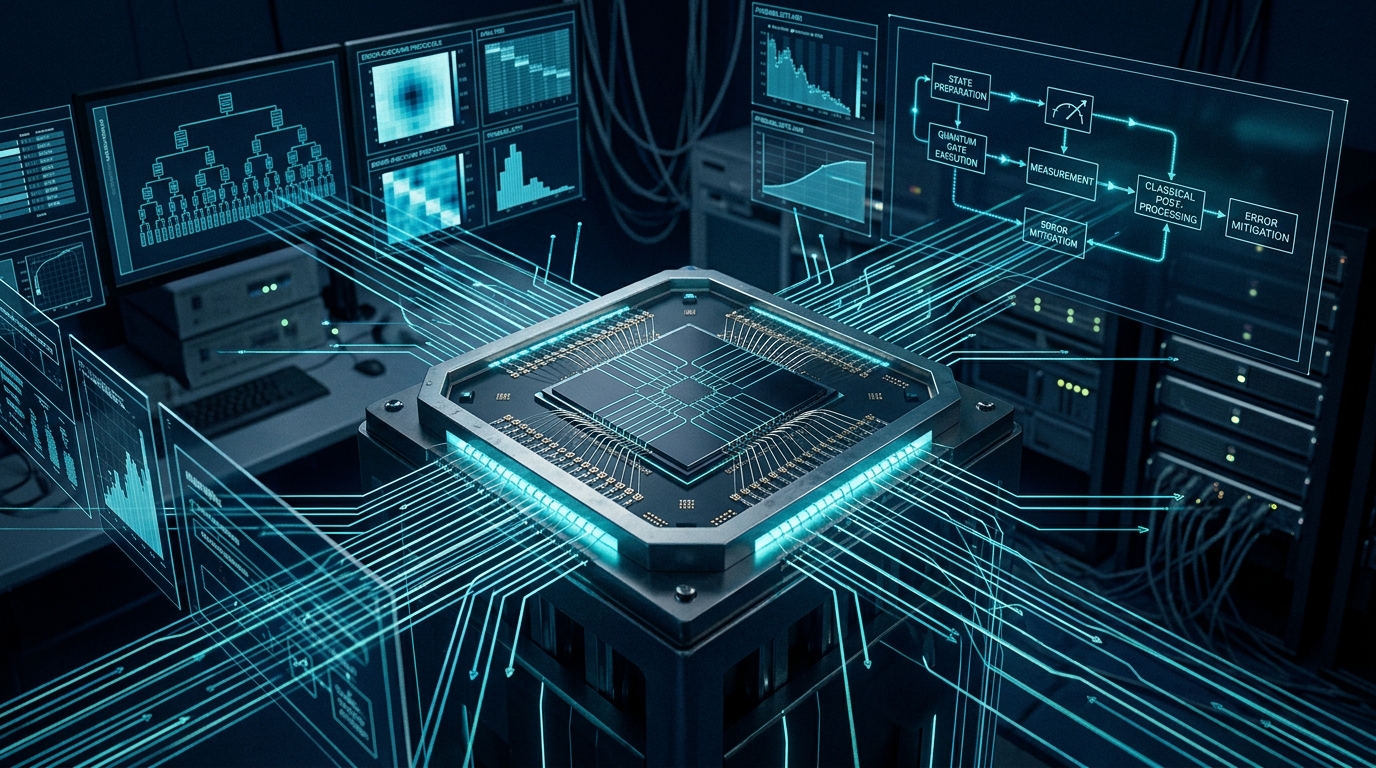 Quantum processor chip with measurement lines and data streams symbolizing online shadow tomography verification of quantum advantage.