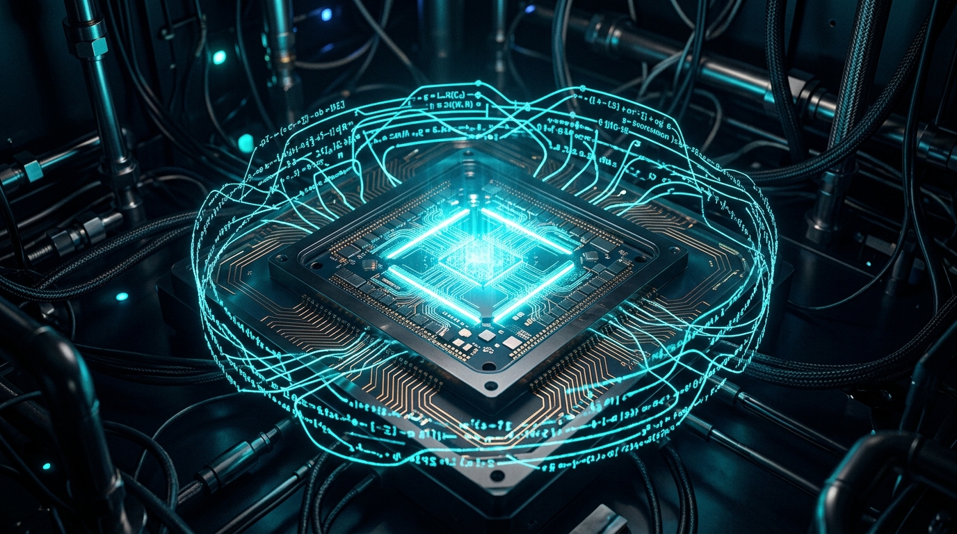 Quantum processor chip enmeshed in error-correcting code strands, illustrating the protective overhead of error correction.