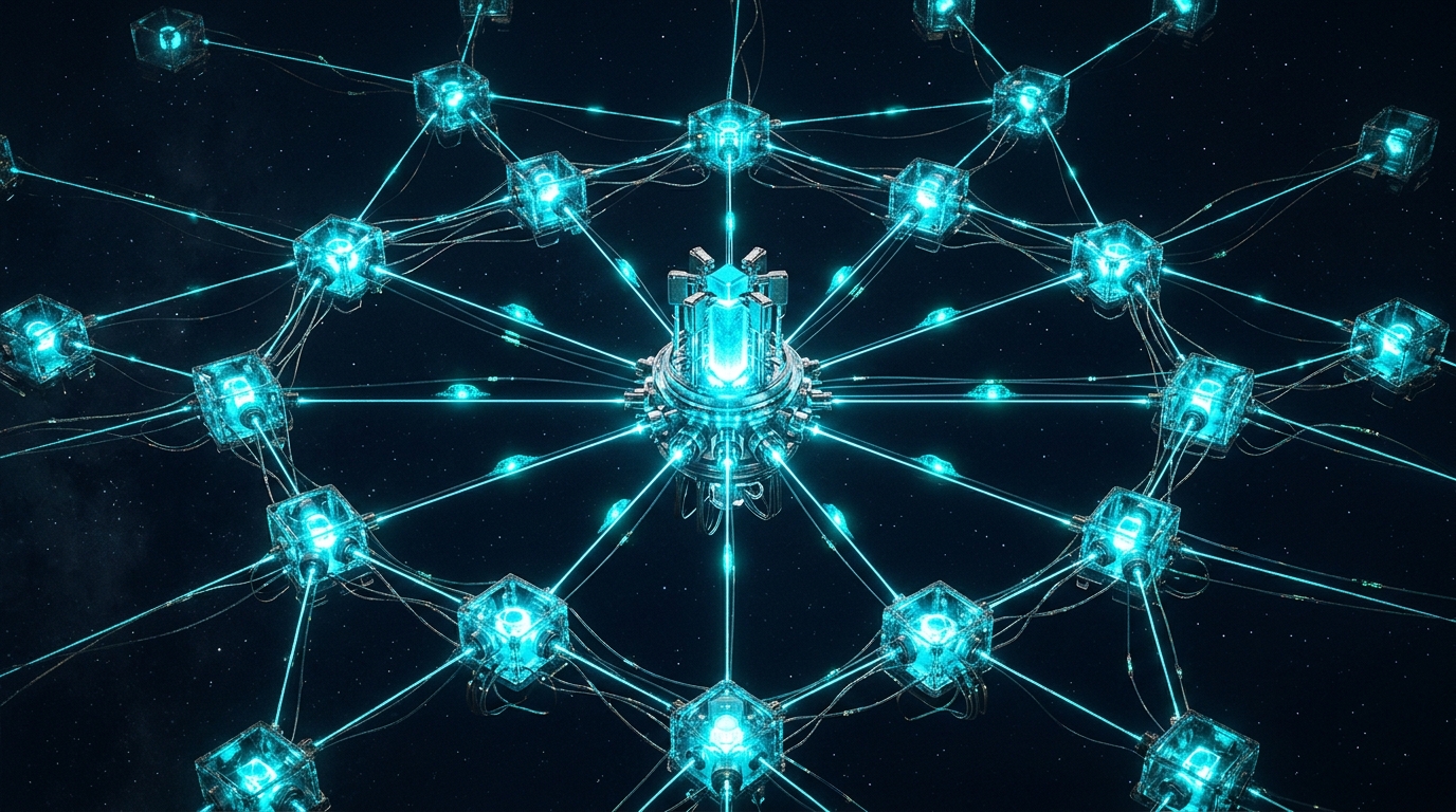 Star network illustration with quantum nodes transmitting qudits to a central hub for joint measurement, demonstrating exponential classical simulation cost.