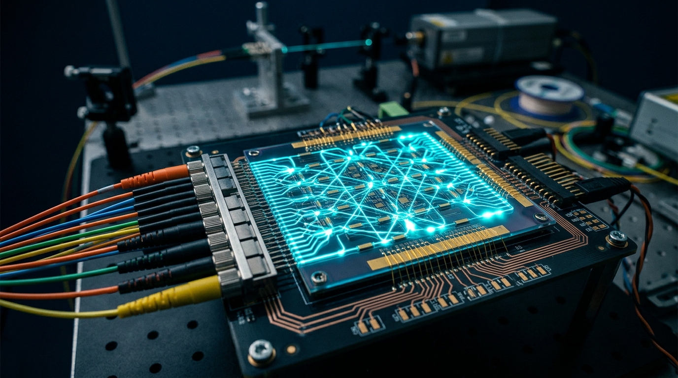 A 32-mode silicon nitride photonic integrated circuit for quantum computing, with waveguides and tunable beam splitters on a chip carrier, lit by red laser light.