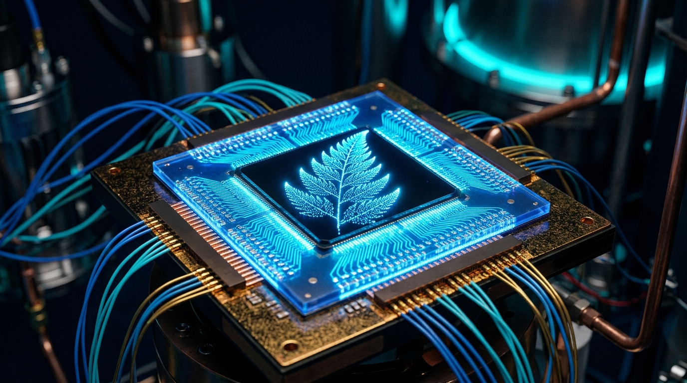 Quantum processor chip generating a fractal image via composable function systems, illustrating the first quantum-rendered video breakthrough.