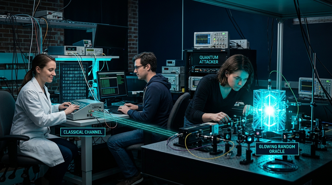 Alice and Bob exchange classical bits while a quantum attacker queries a glowing random oracle in an MIT-style illustration.