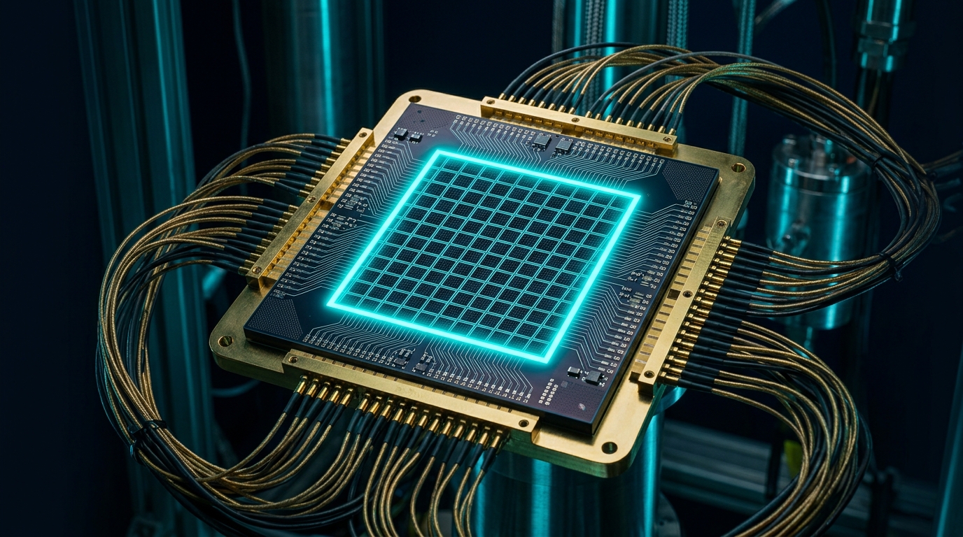 Superconducting quantum error correction chip with logical qubit grid and one highlighted measurement boundary