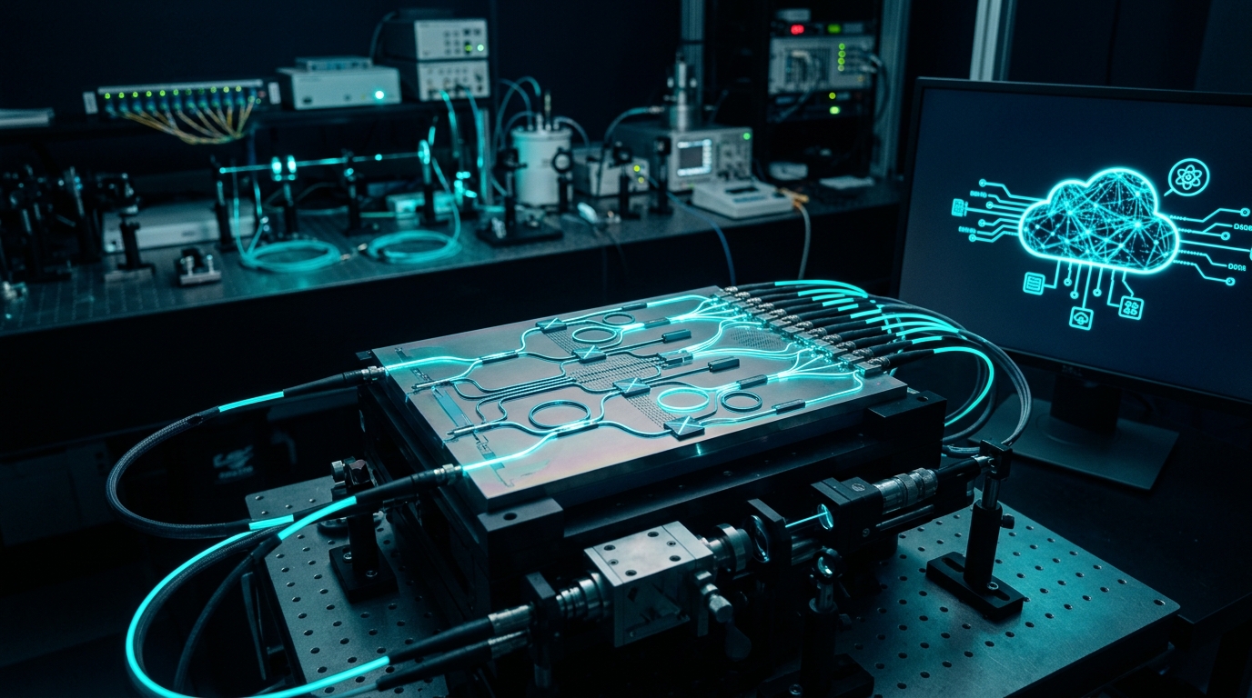 Photonic quantum processor chip with spatial-mode encoding and CHSH measurement configuration for cloud-based Bell test.
