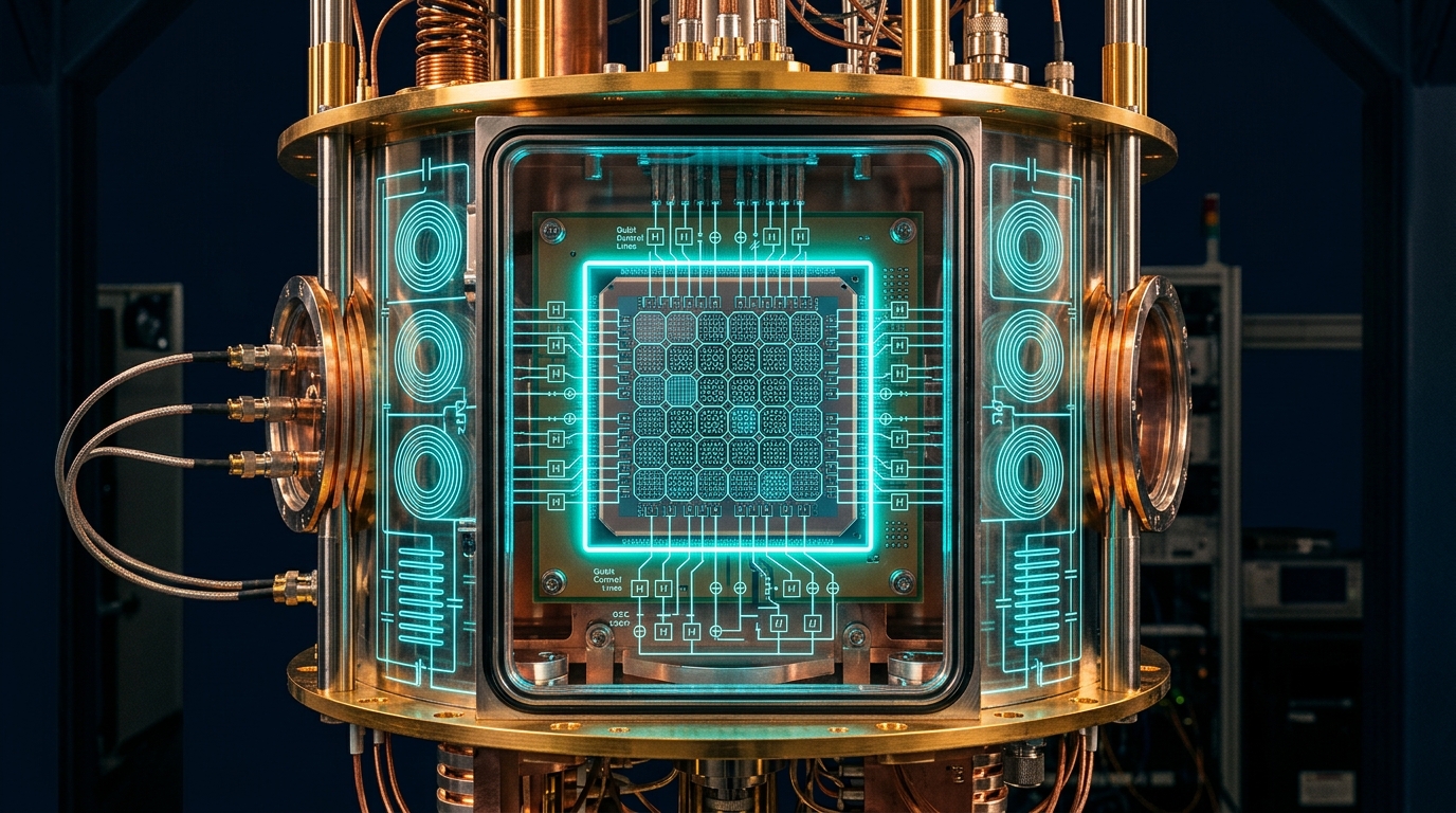 Quantum error correction circuits on a superconducting chip, with energy storage motifs, illustrating noise as a resource.