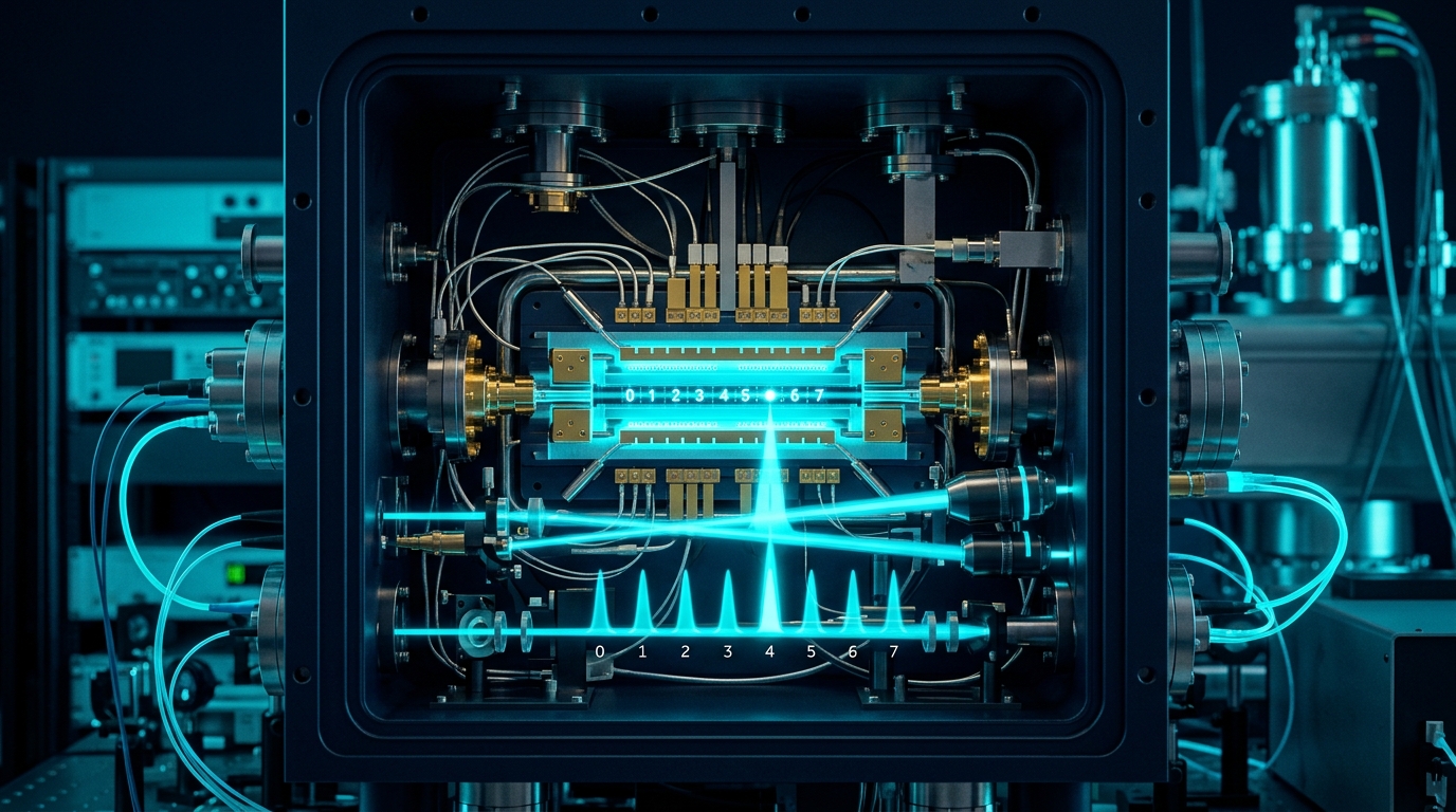 Trapped-ion quantum processor with mid-circuit measurement and error-correction pulses in a quantum computing lab.
