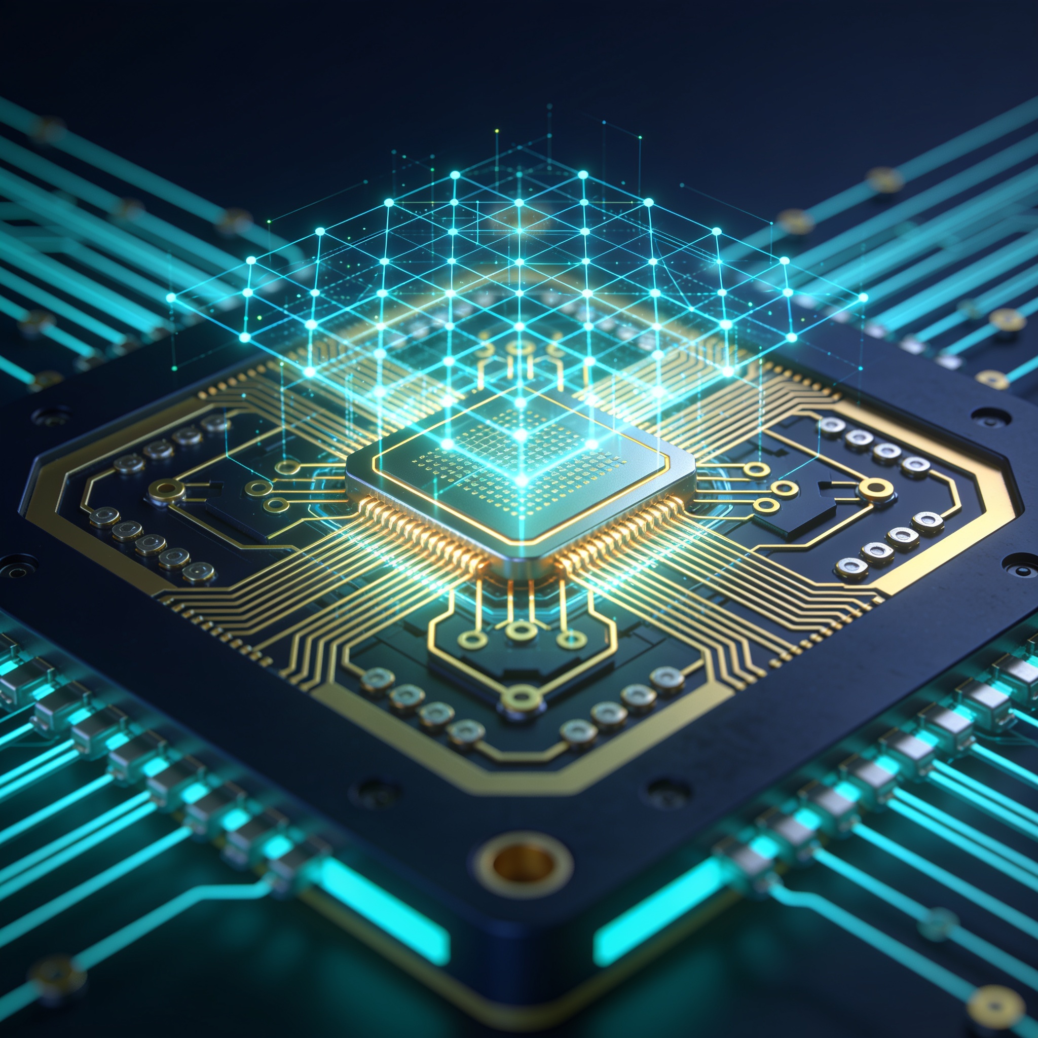 Superconducting quantum processor with overlaid lattice gauge theory simulation showing constant-depth circuit compilation paths highlighted in gold.