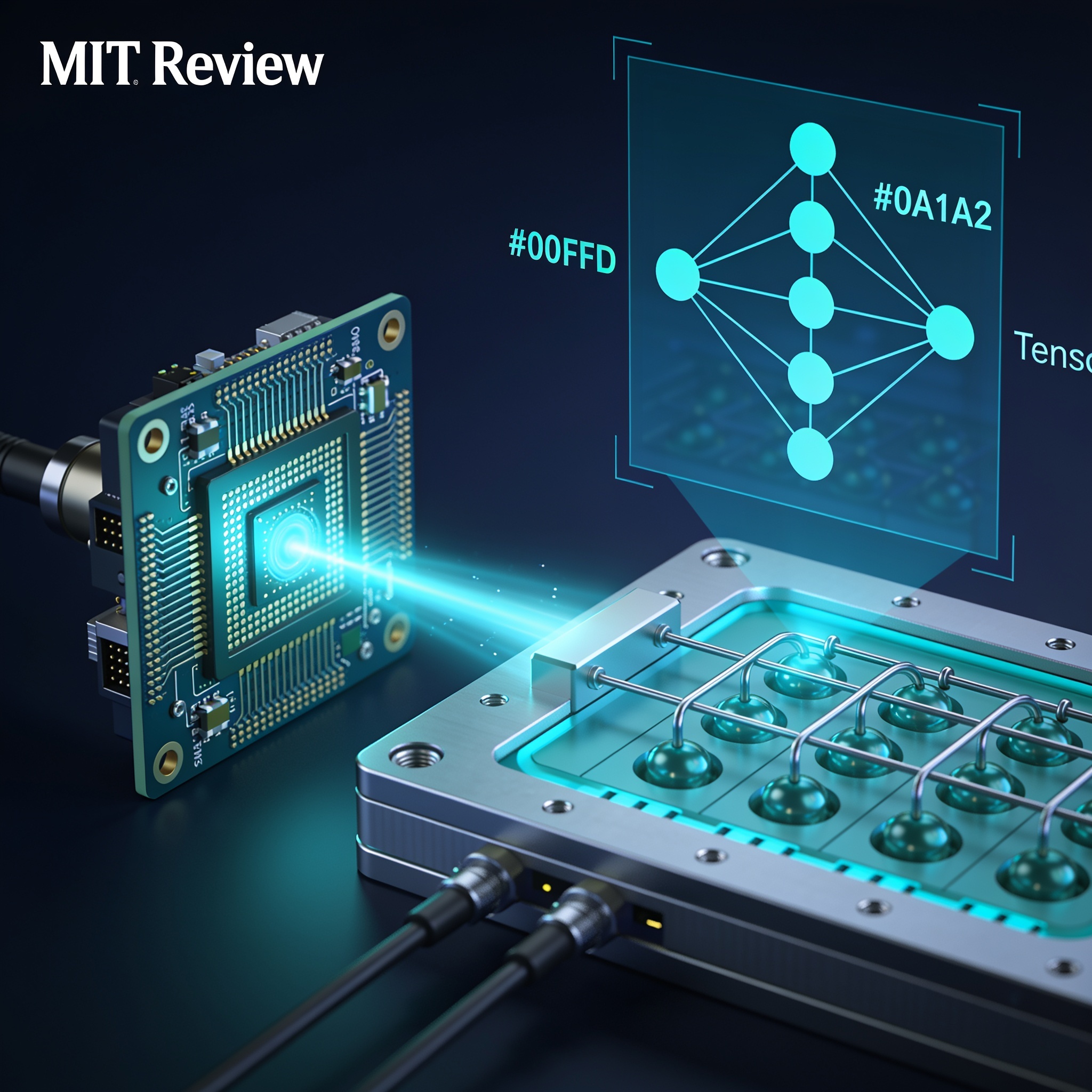 Photonic and trapped-ion qubit chip with overlaid correlation tensor diagram for quantum error correction sign detection.