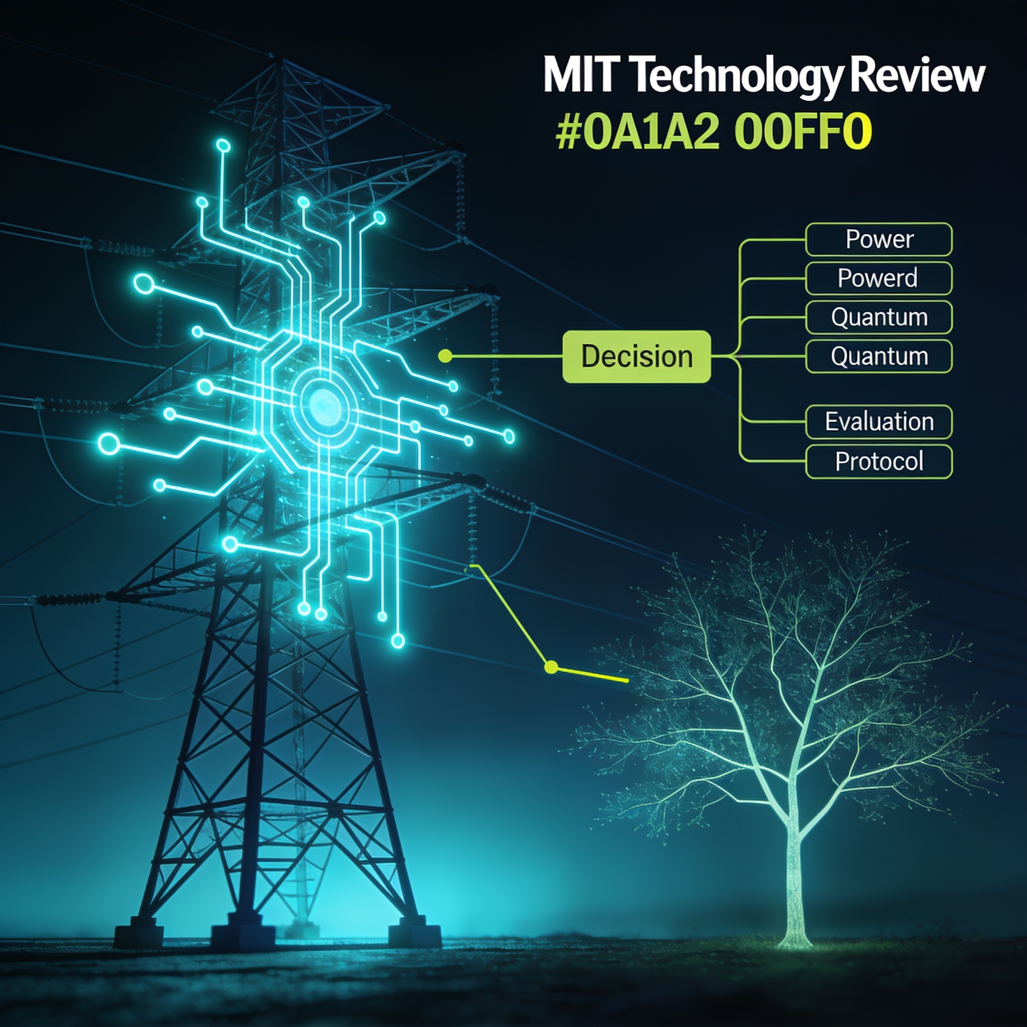 Power grid tower with quantum circuit overlays and a branching decision tree representing evaluation protocol choices that influence quantum machine learning benchmarks.