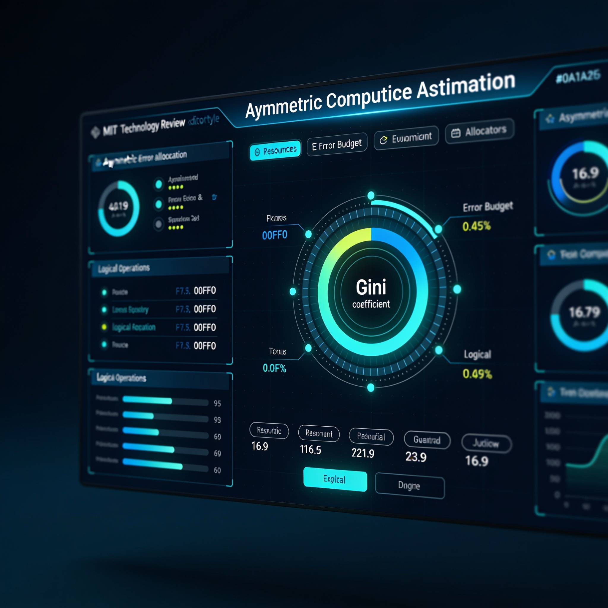 Quantum error correction resource estimation dashboard displaying adaptive error budget allocation and Gini coefficient metric.