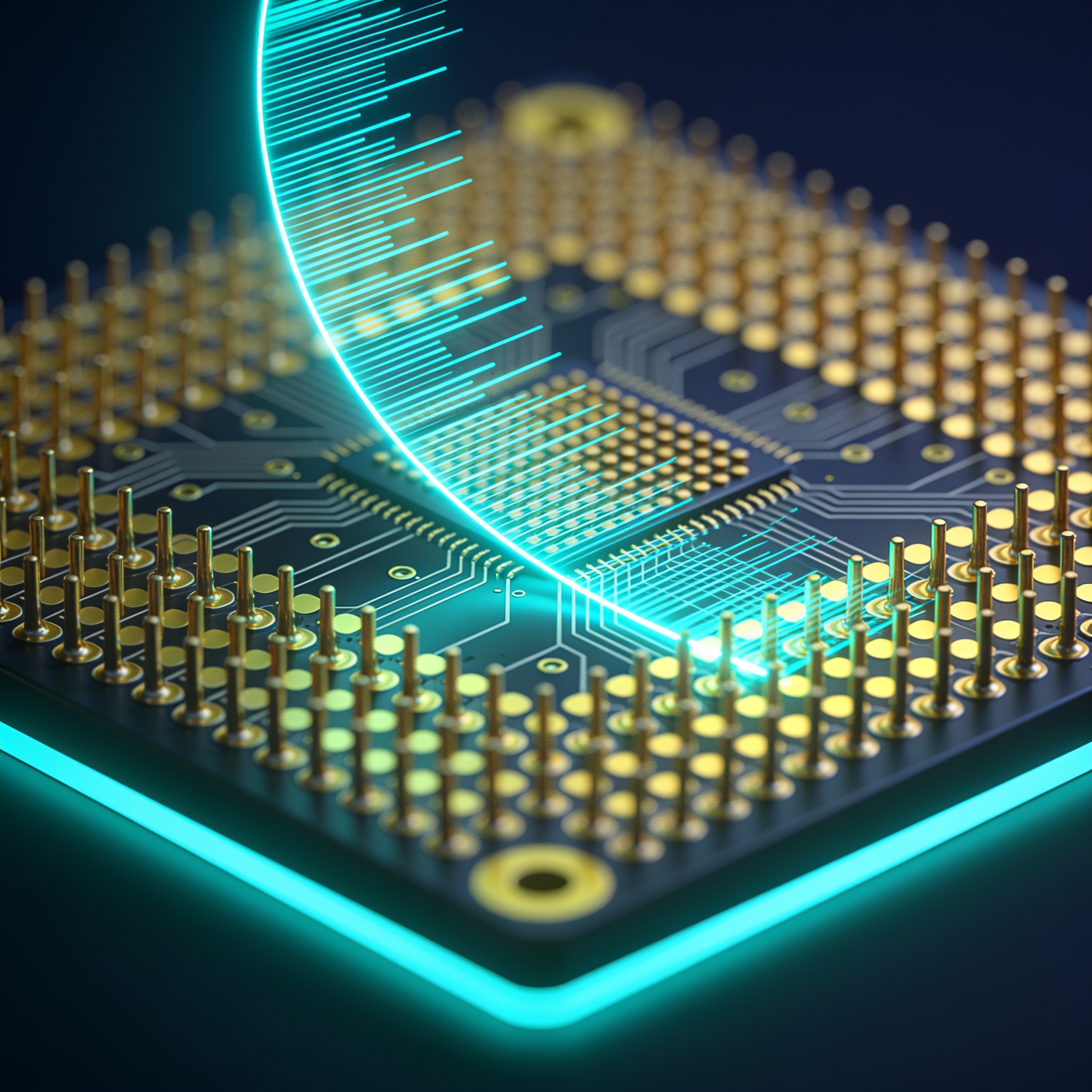Quantum processor chip with a glowing sweep measurement pattern reducing entanglement entropy, illustrating measurement placement control.