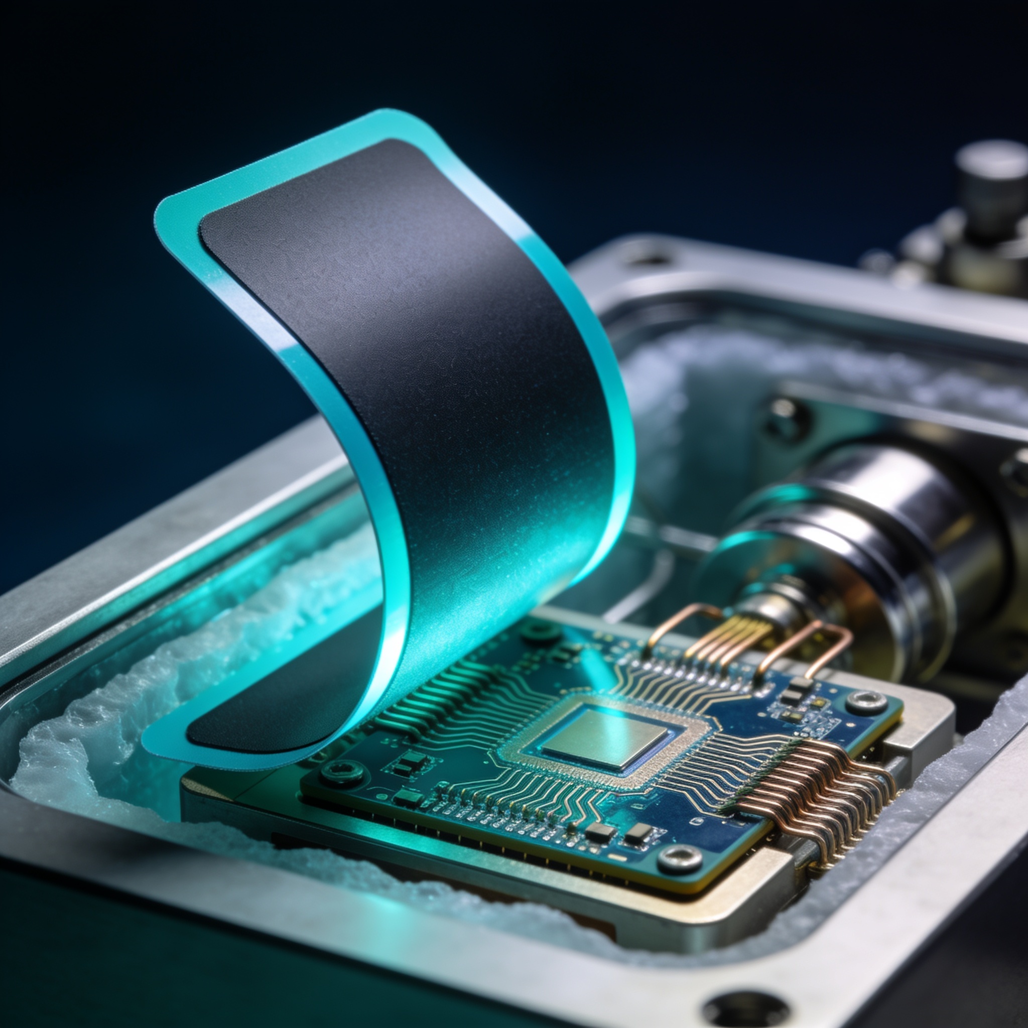 Flexible thermoelectric device cooling a superconducting quantum processor to demonstrate non-reciprocal heat transfer for quantum error correction.