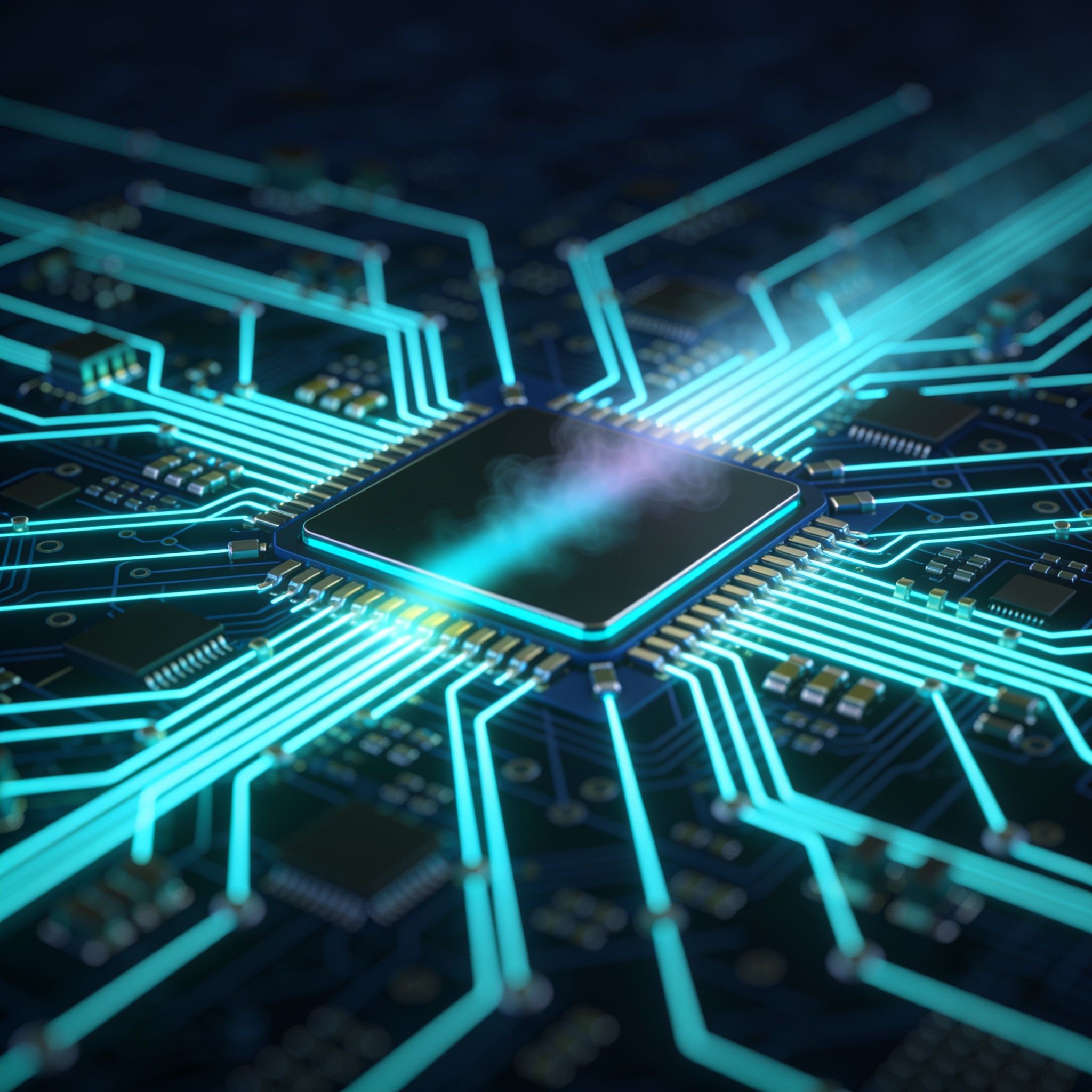Quantum processor chip showing state-transfer paths with varying fidelity, illustrating isotropic radius and longest successful route.