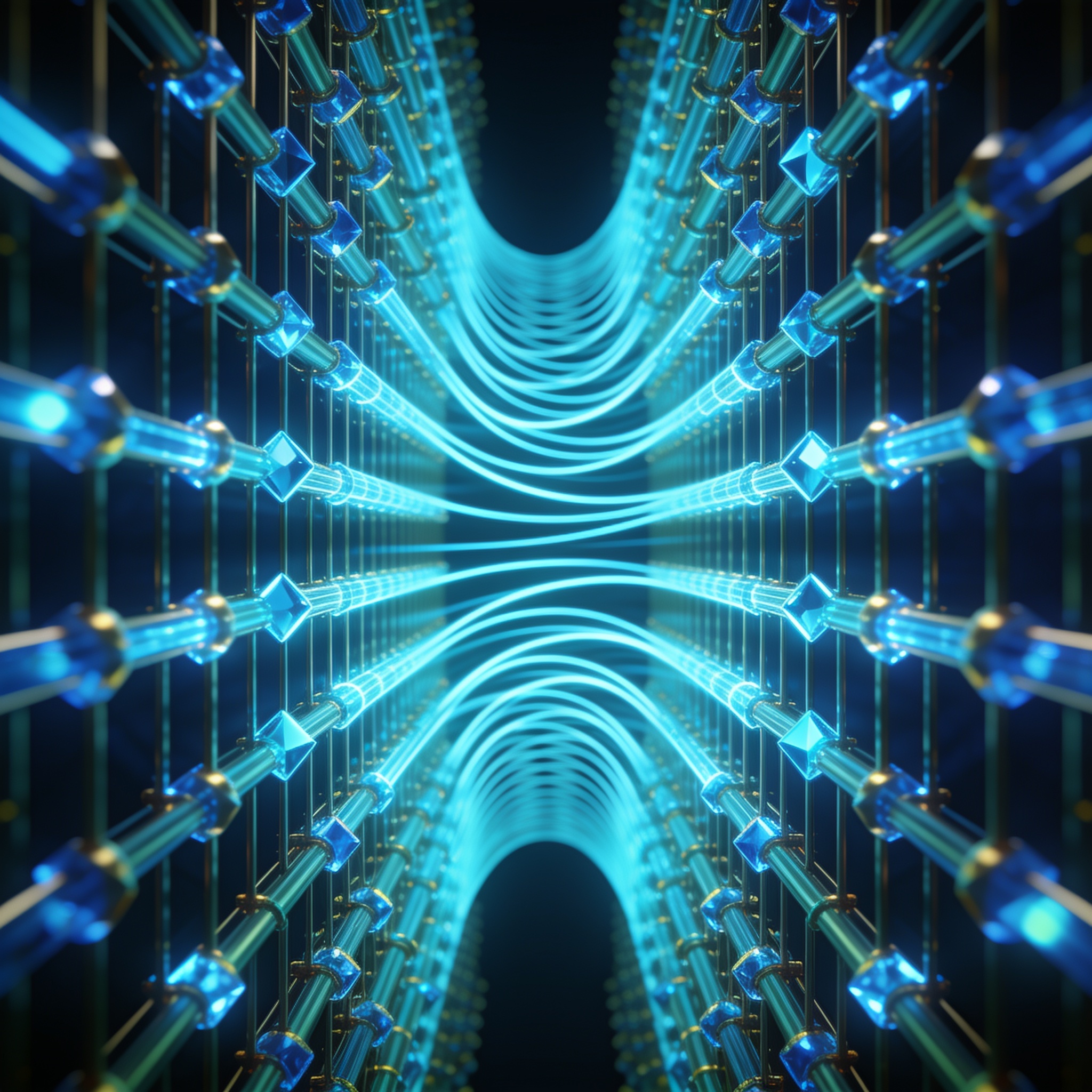 Quantum processor chip showing time-reversal wave dynamics across qubit lattice with diamond phononic waveguides for error-protected quantum information transfer.