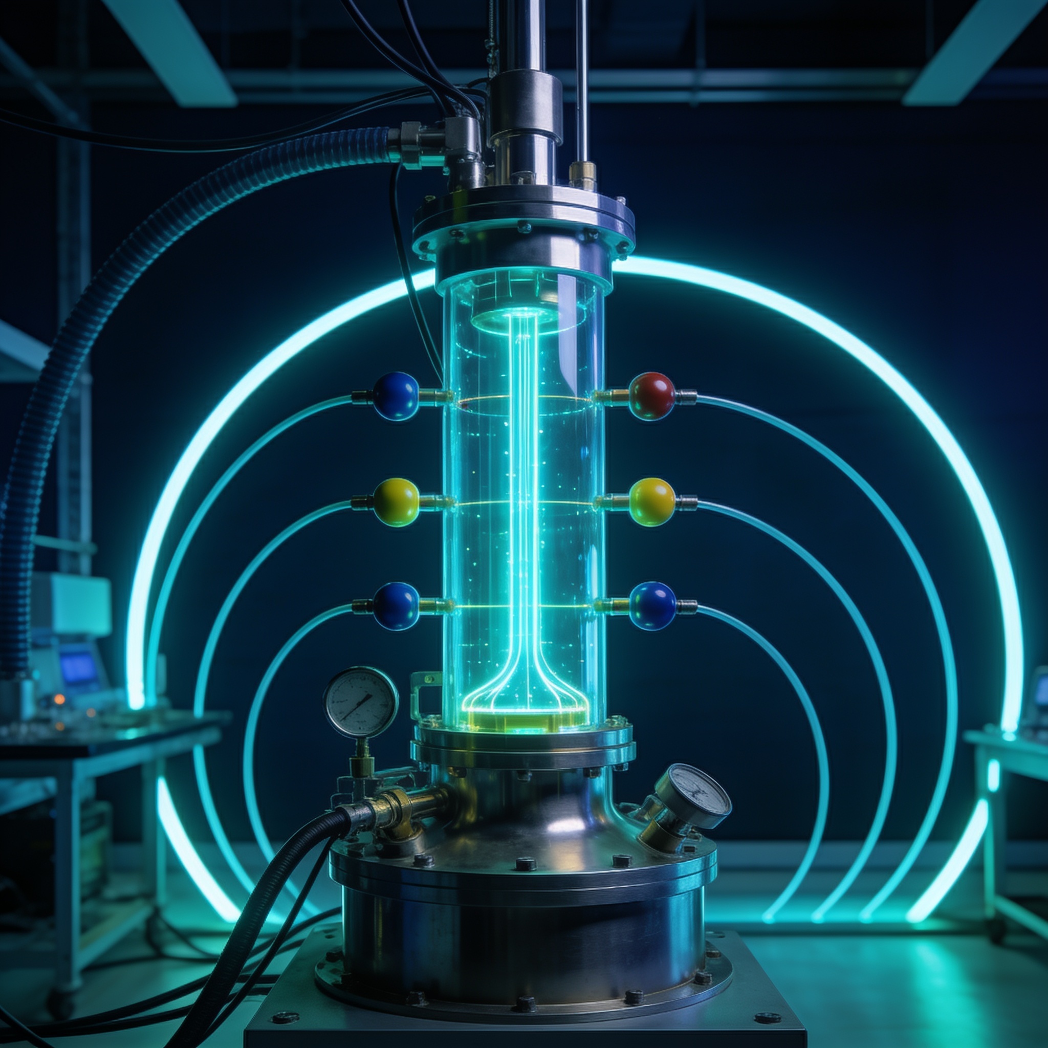 Quantum computer cryostat surrounded by measurement operators and hyperbolic quantization thresholds.