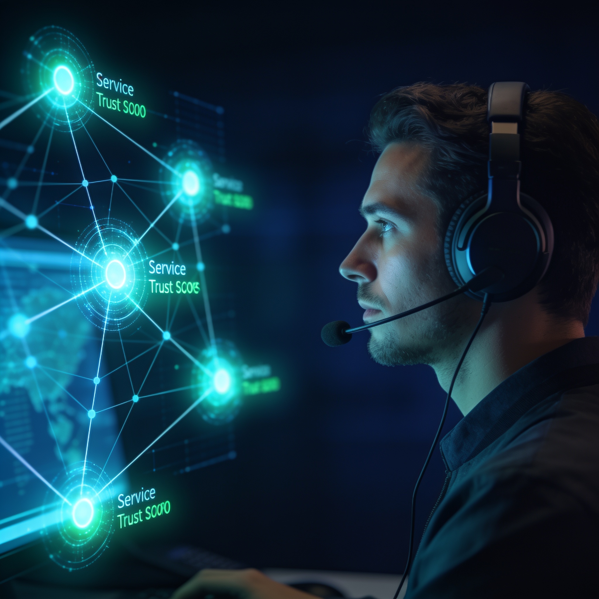Operator monitoring agentic AI service composition through sonification interface, with holographic network graph displaying real-time trust scores as audible patterns.