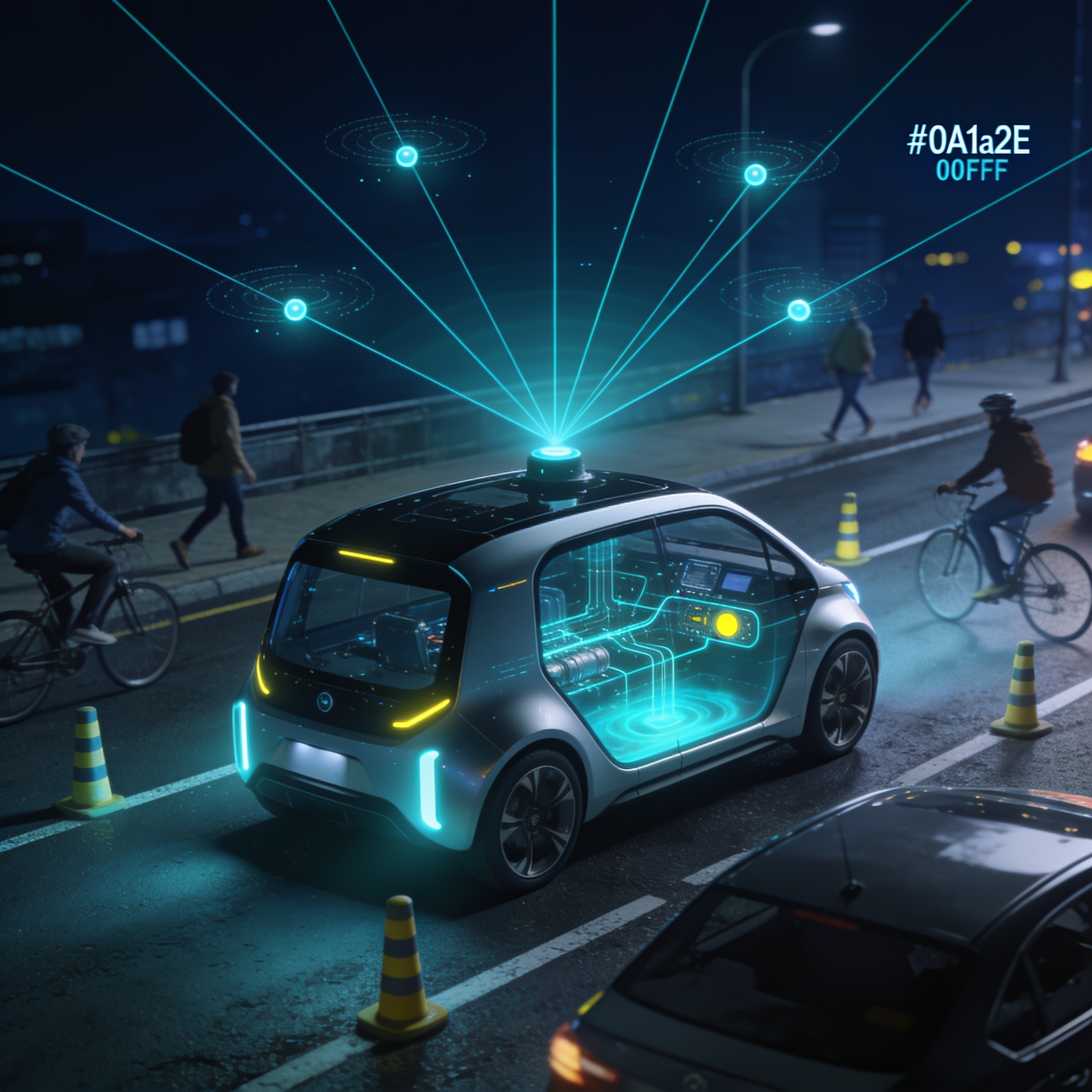 Autonomous vehicle weaving through moving obstacles with mmWave beam connecting to a base station, overlaid with energy optimization curves.