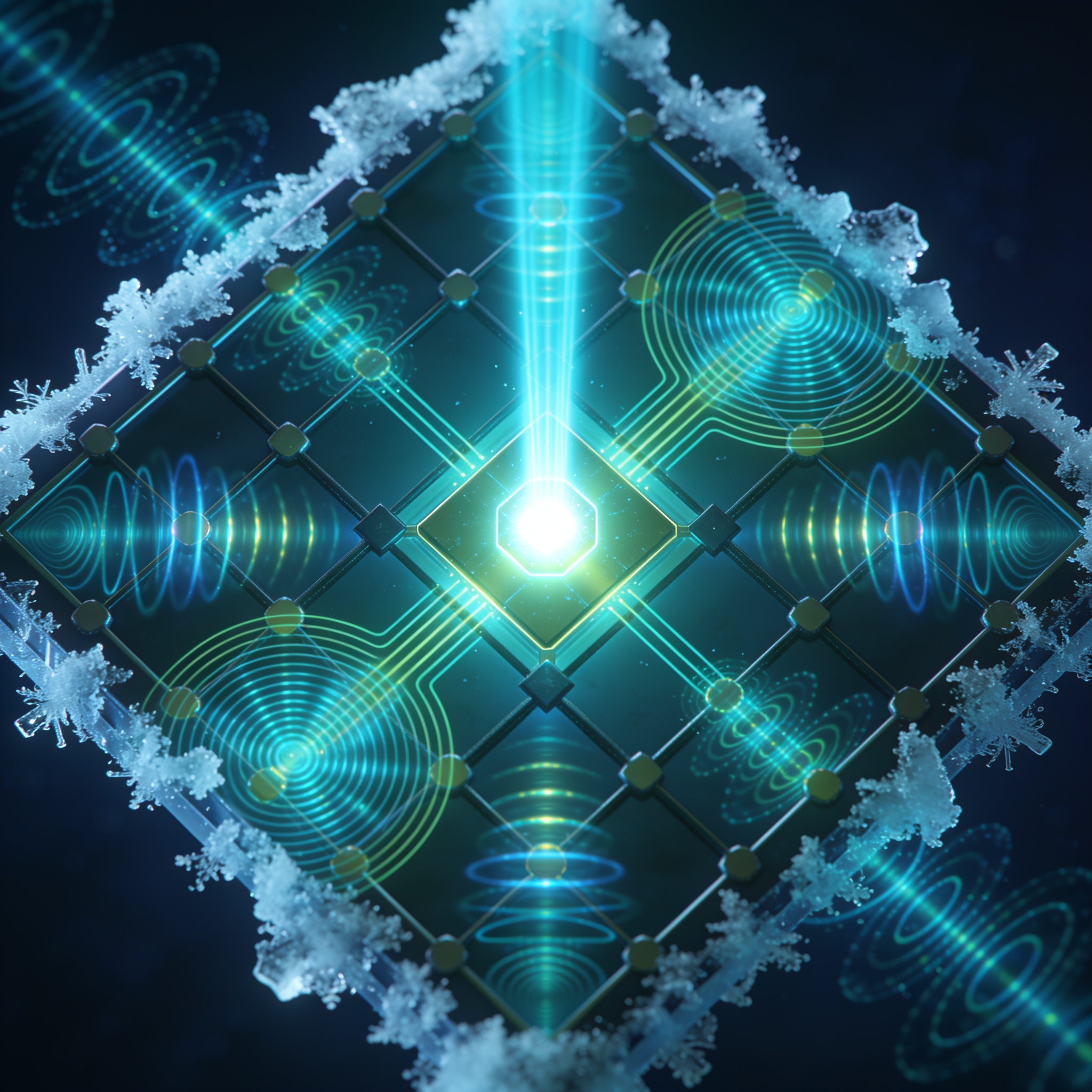 Diamond-spin quantum processor prototype with tin-vacancy center emitting photons into photonic integrated circuits at cryogenic temperature, overlaid with coda wave interferometry patterns.
