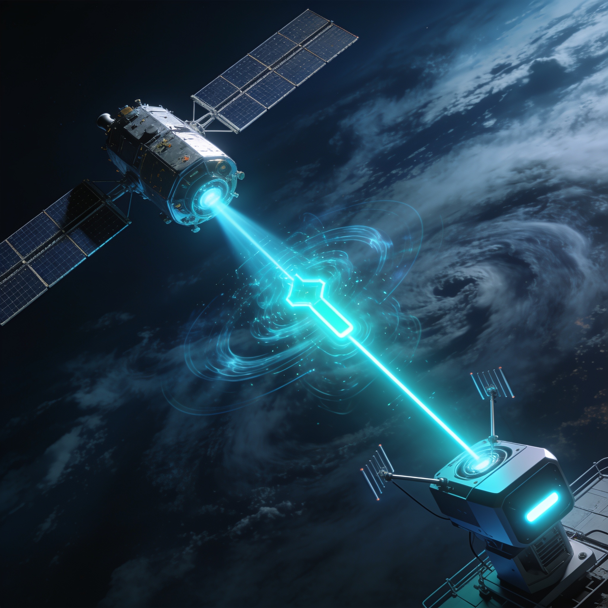 Illustration of satellite-to-ground quantum key distribution with time-evolving atmospheric turbulence shown as dynamic wavefront distortions.