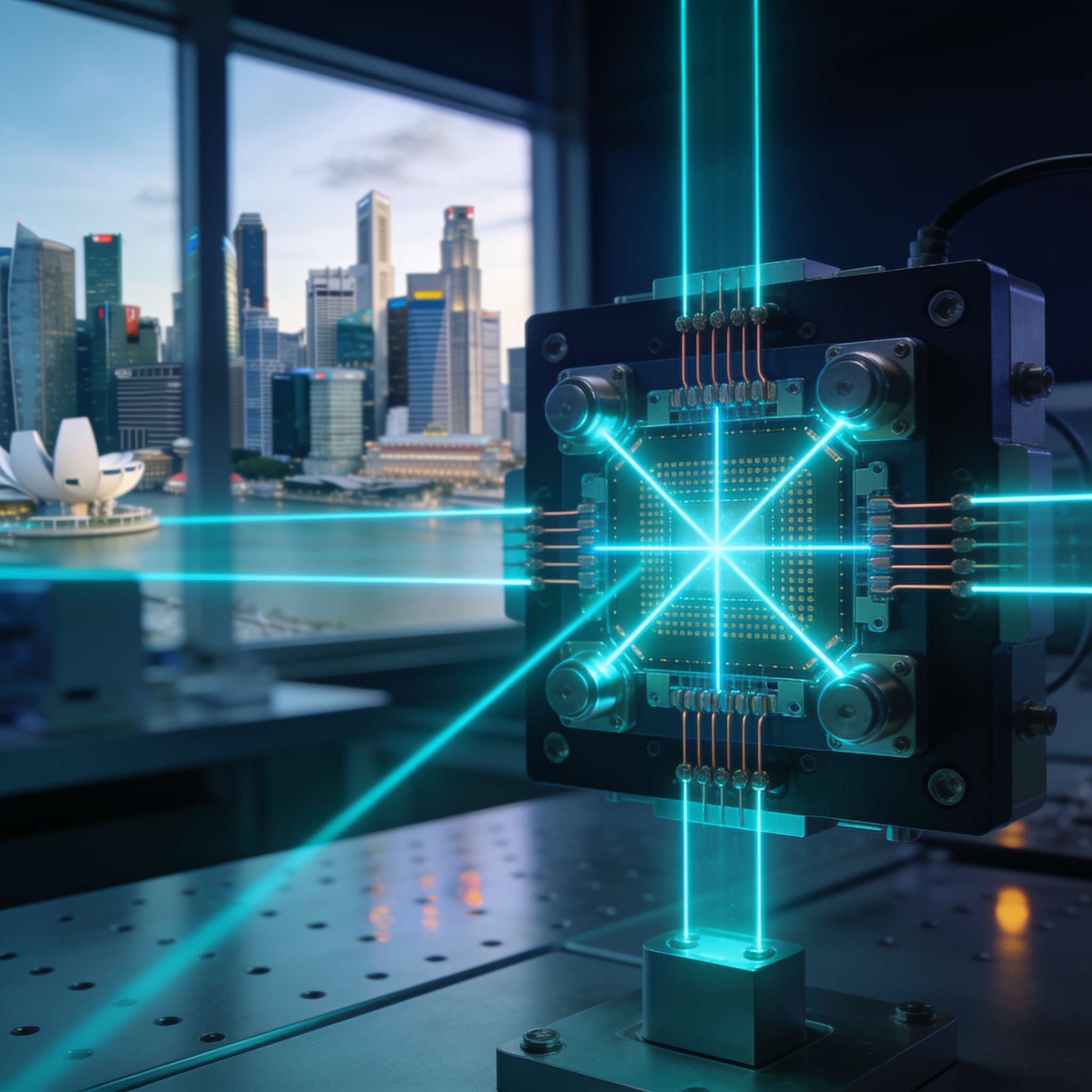 Modular ion-trap microchip module in cleanroom, Singapore skyline visible, representing Universal Quantum's new R&D centre.