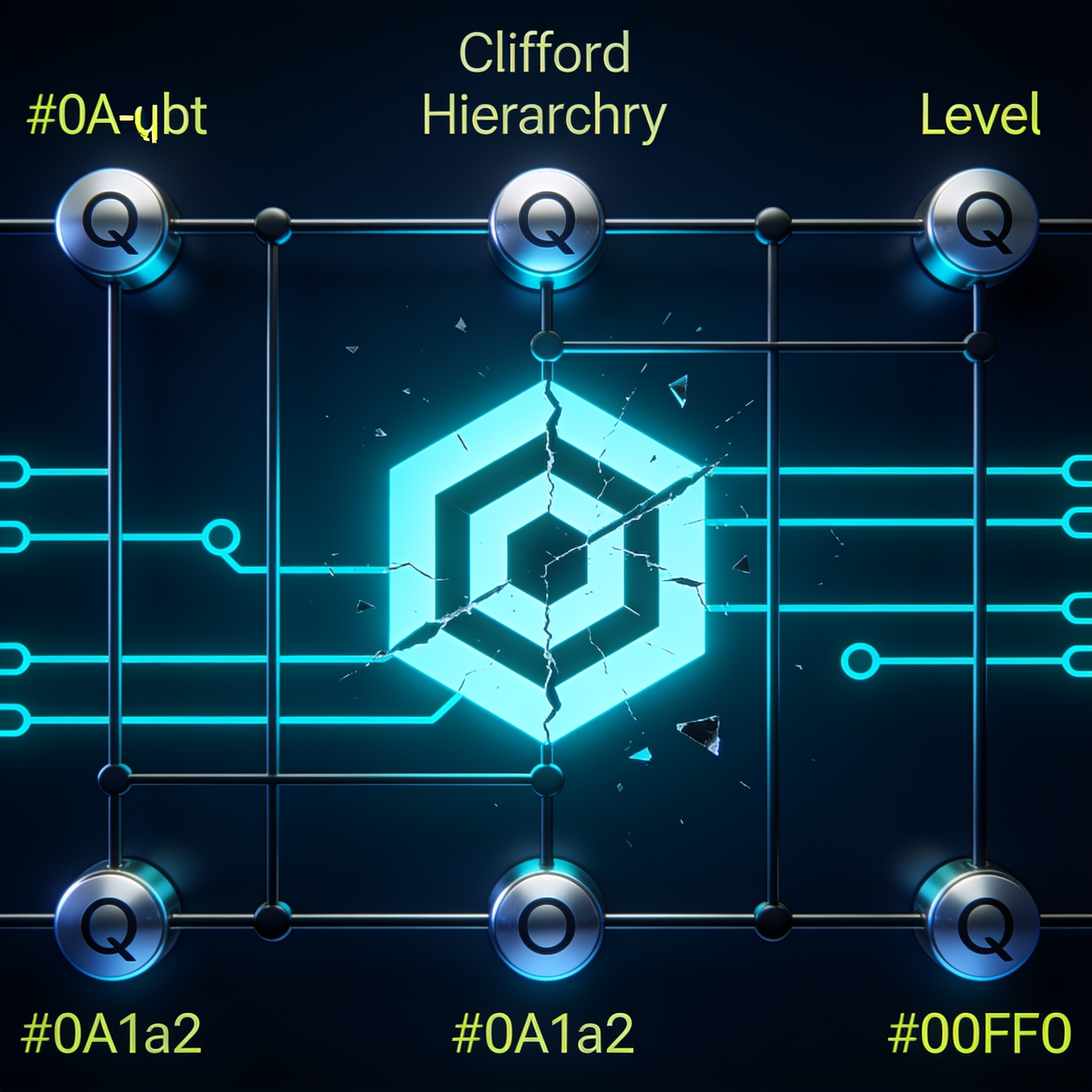 Diagram of a five-qubit gate breaking the generalized semi-Clifford conjecture, with Clifford hierarchy levels shown.