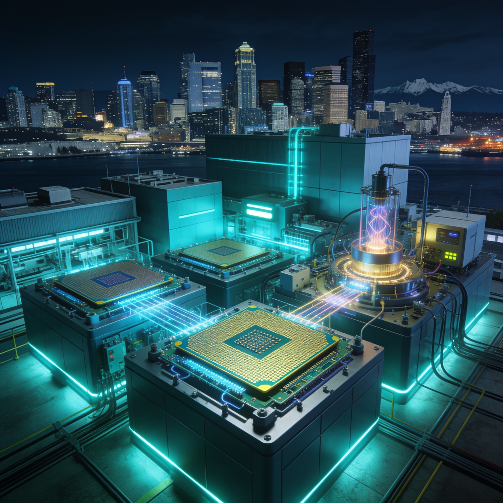 Photonic Inc. Project VANGUARD proposed semiconductor facility in Vancouver, showing cleanroom with photonic wafers and quantum computing equipment.