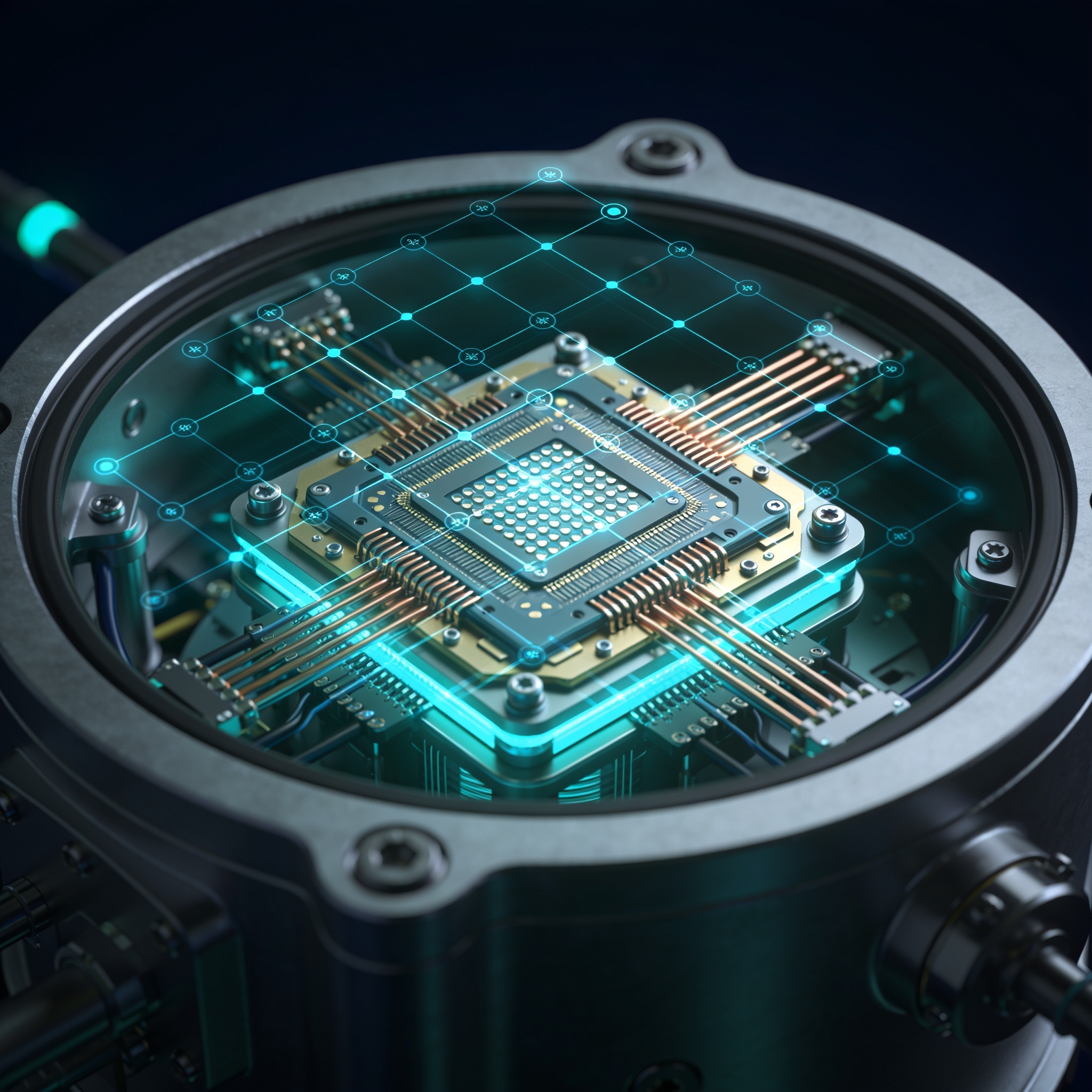 Superconducting quantum processor chip with stabilizer code syndrome visualization, representing the new information hierarchy proof.