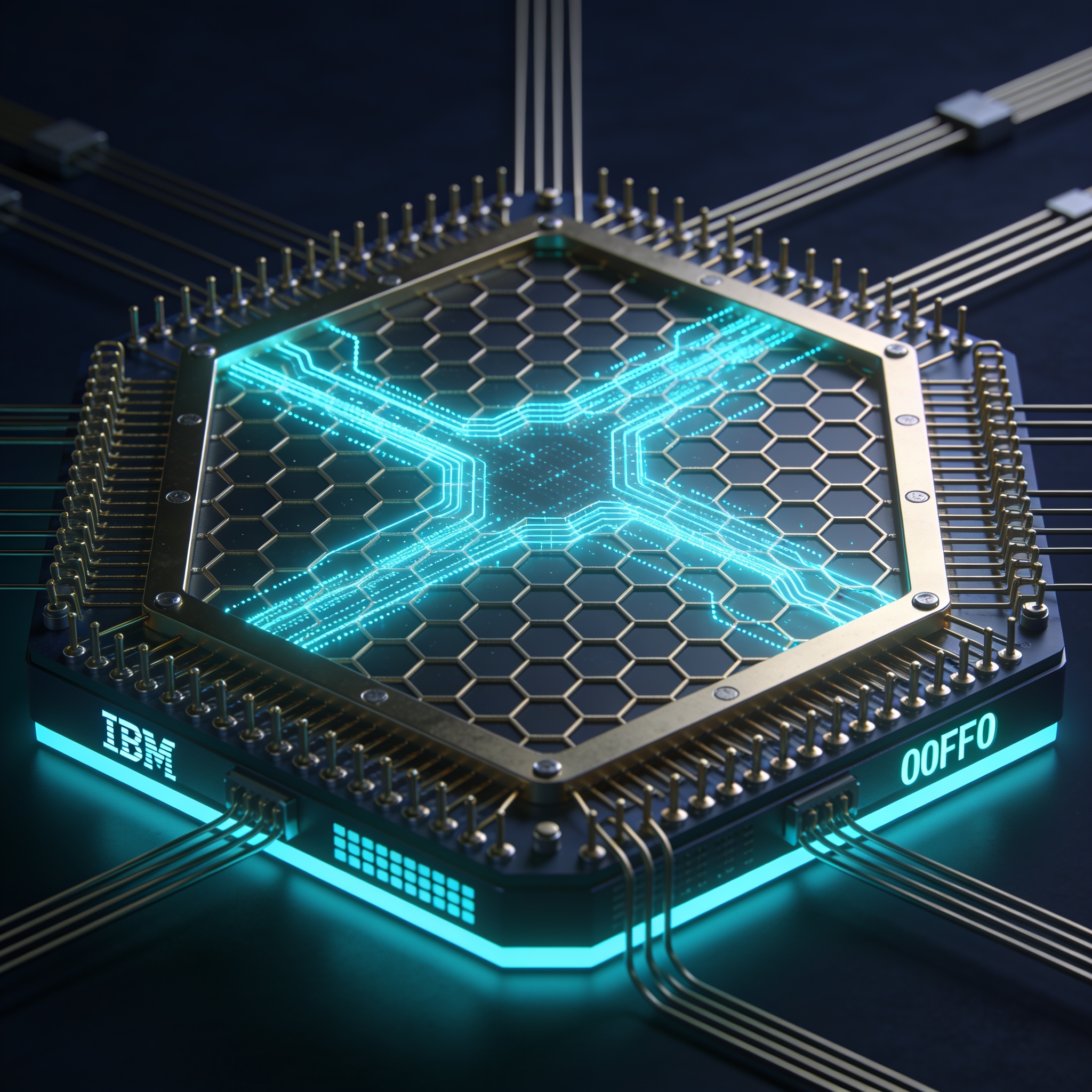 IBM's 27-qubit heavy-hex superconducting quantum processor with abstract error mitigation visualization.